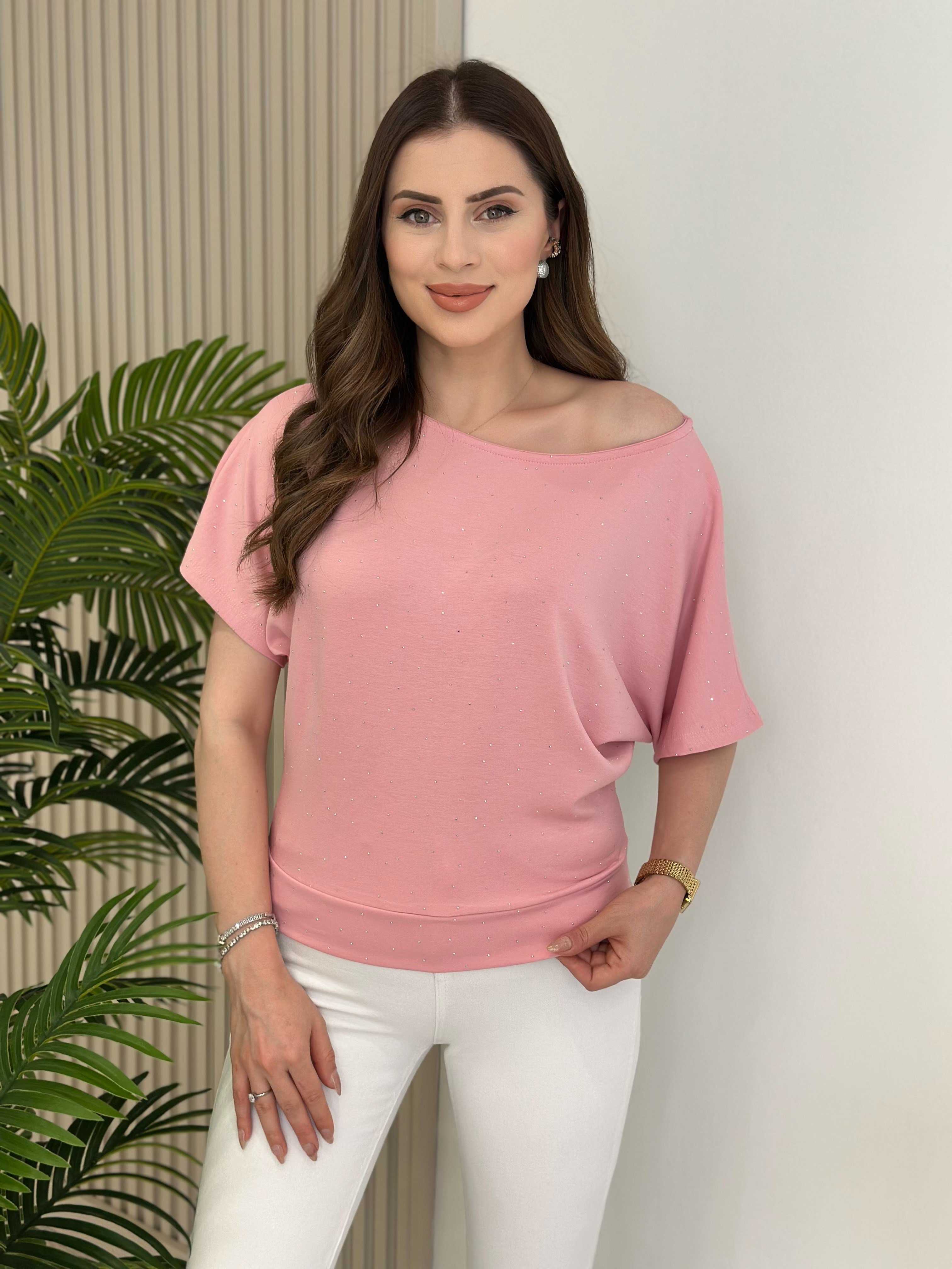 Taşlı Kayık Yaka Modal Kumaş Bluz Pembe