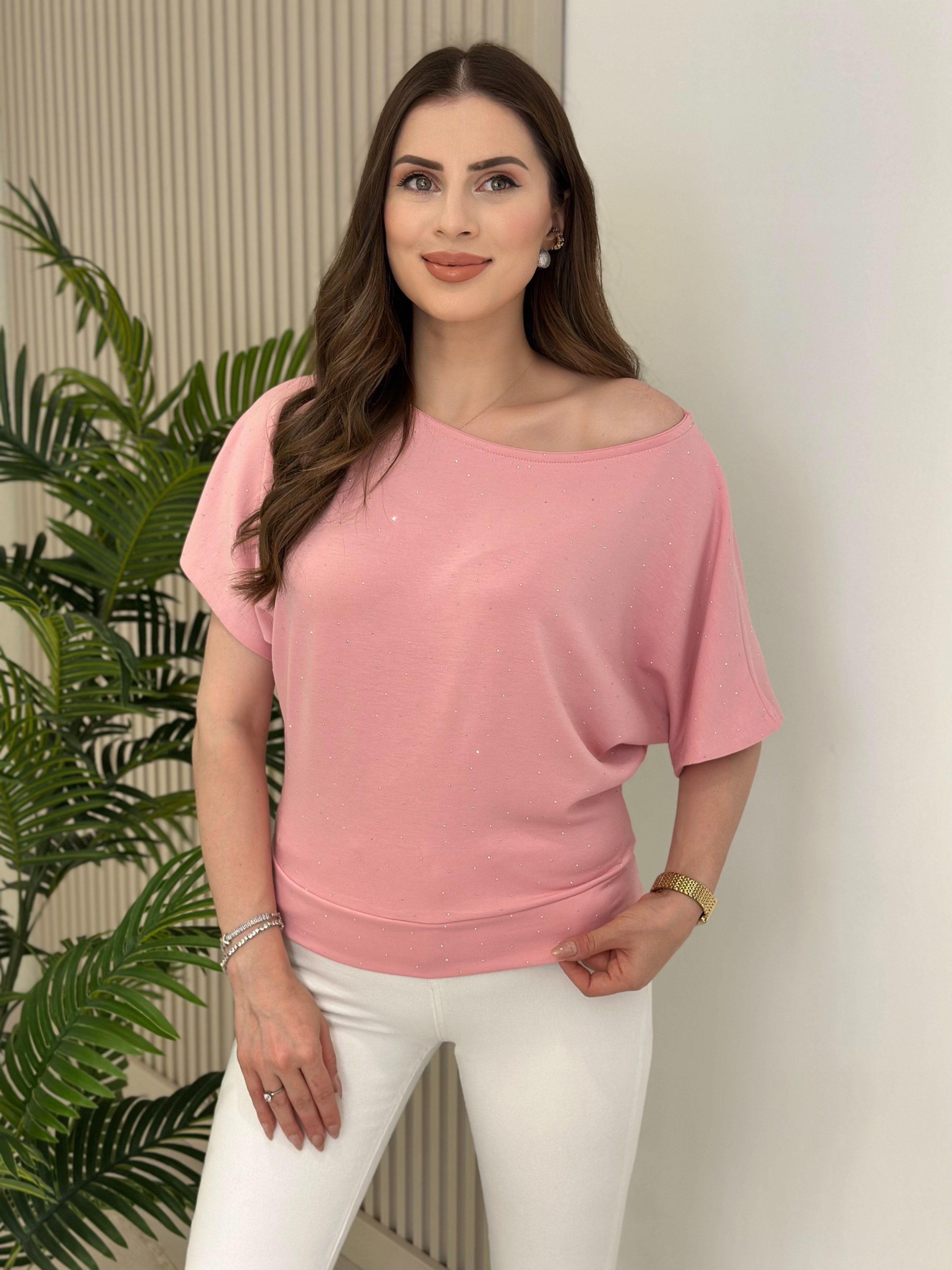 Taşlı Kayık Yaka Modal Kumaş Bluz Pembe