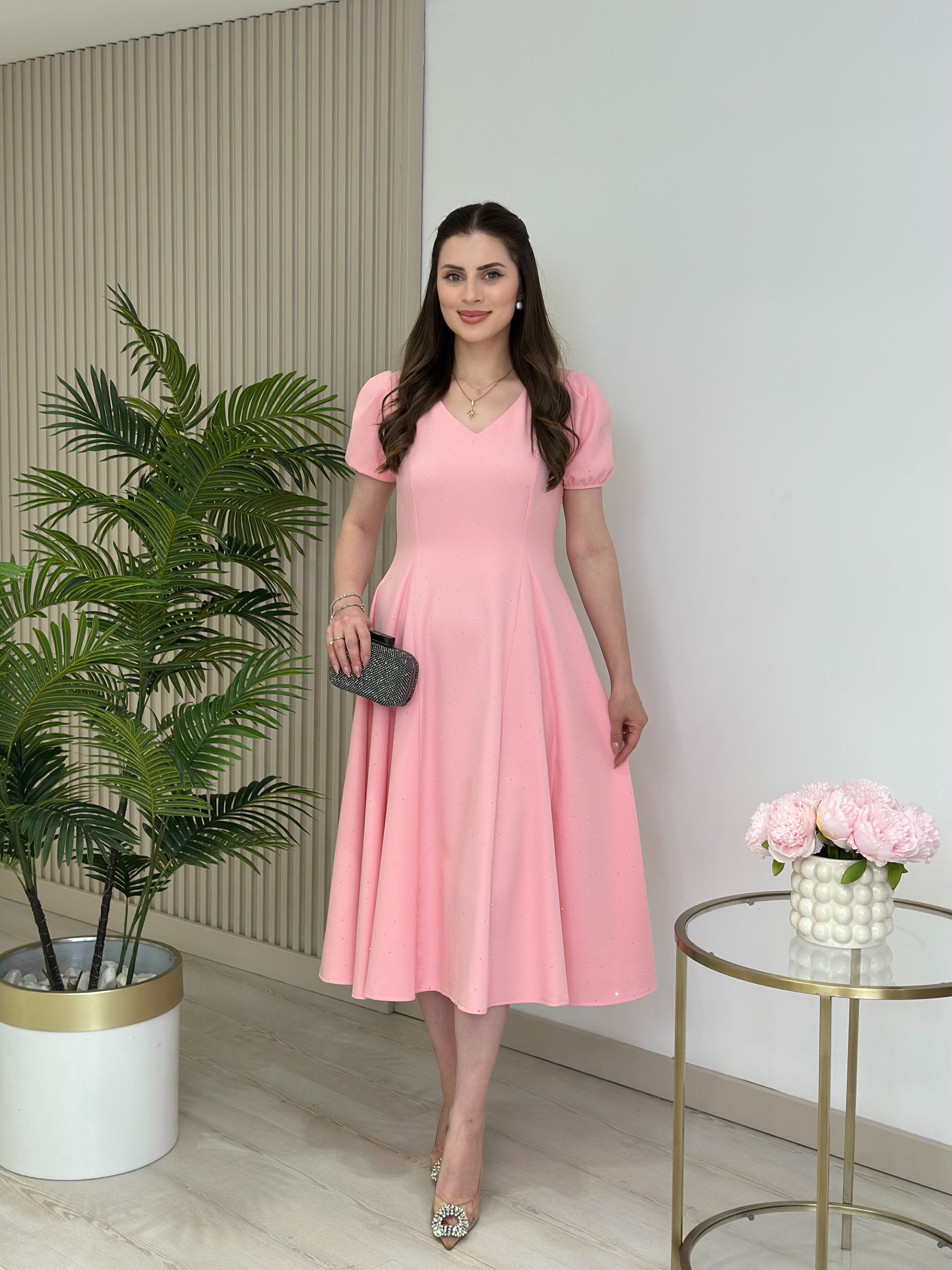 Taşlı Kloş V Yaka Elbise Pembe