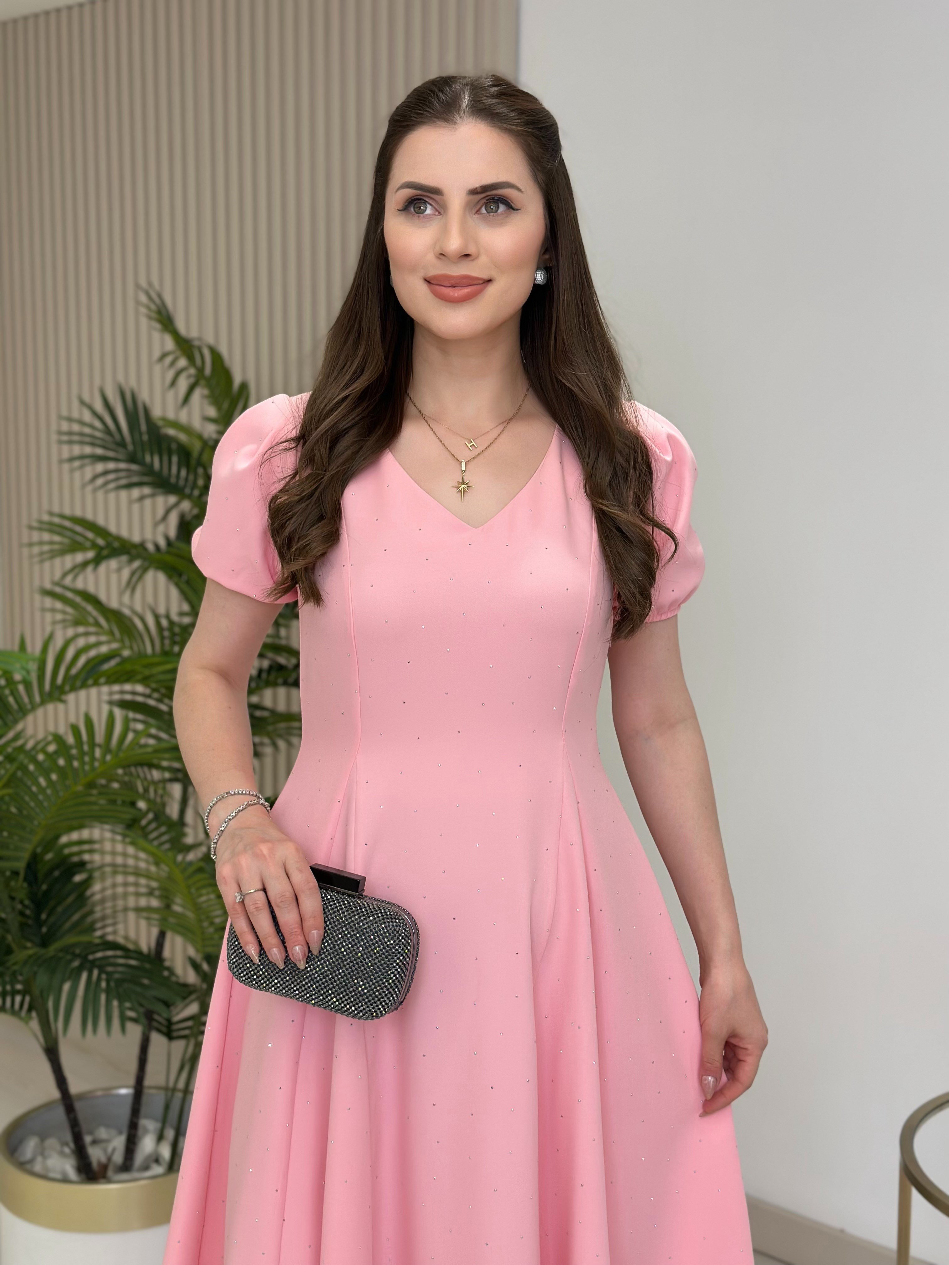 Taşlı Kloş V Yaka Elbise Pembe