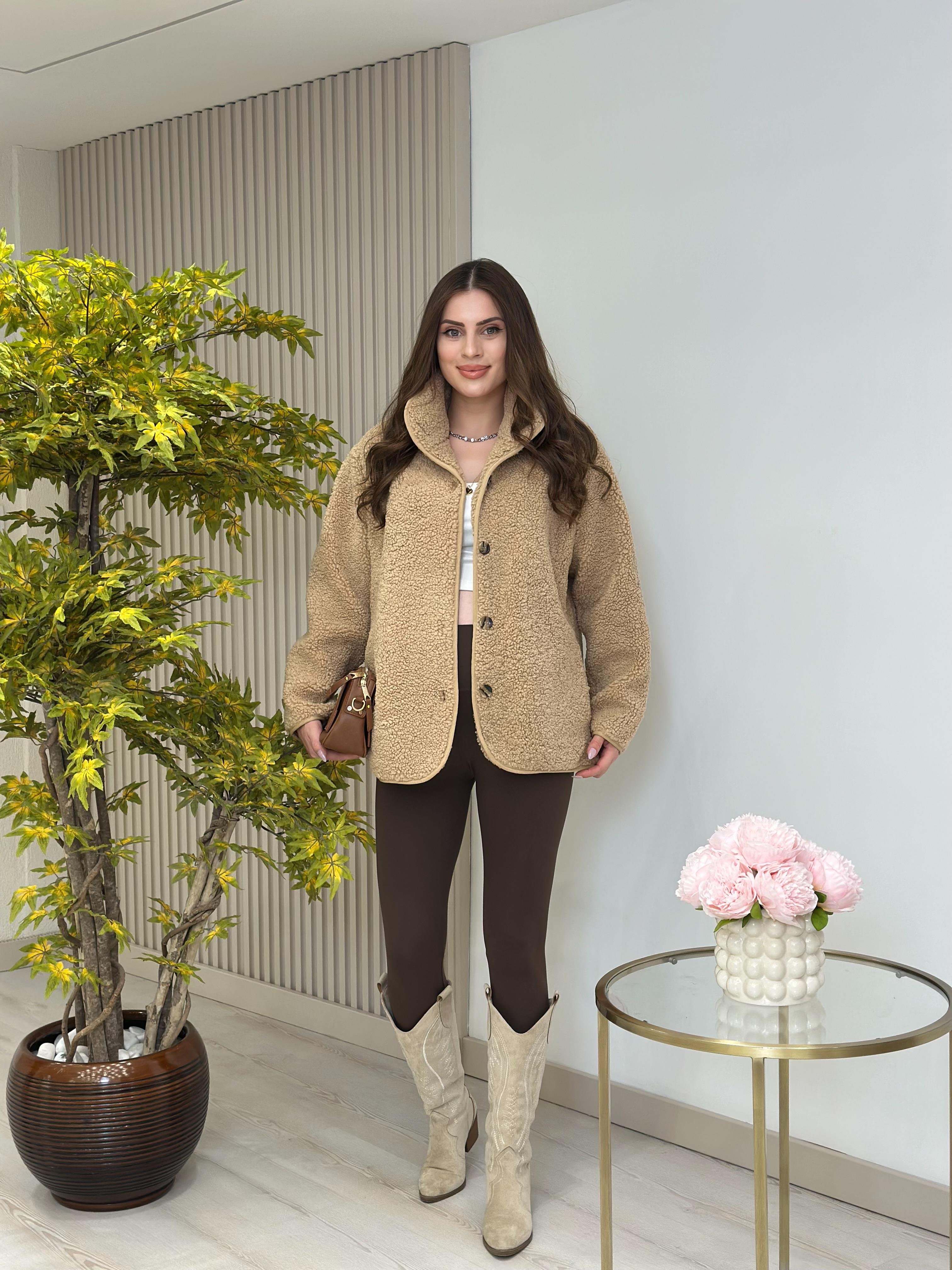 Teddy Önü Düğmeli Dik Yaka Mont Camel