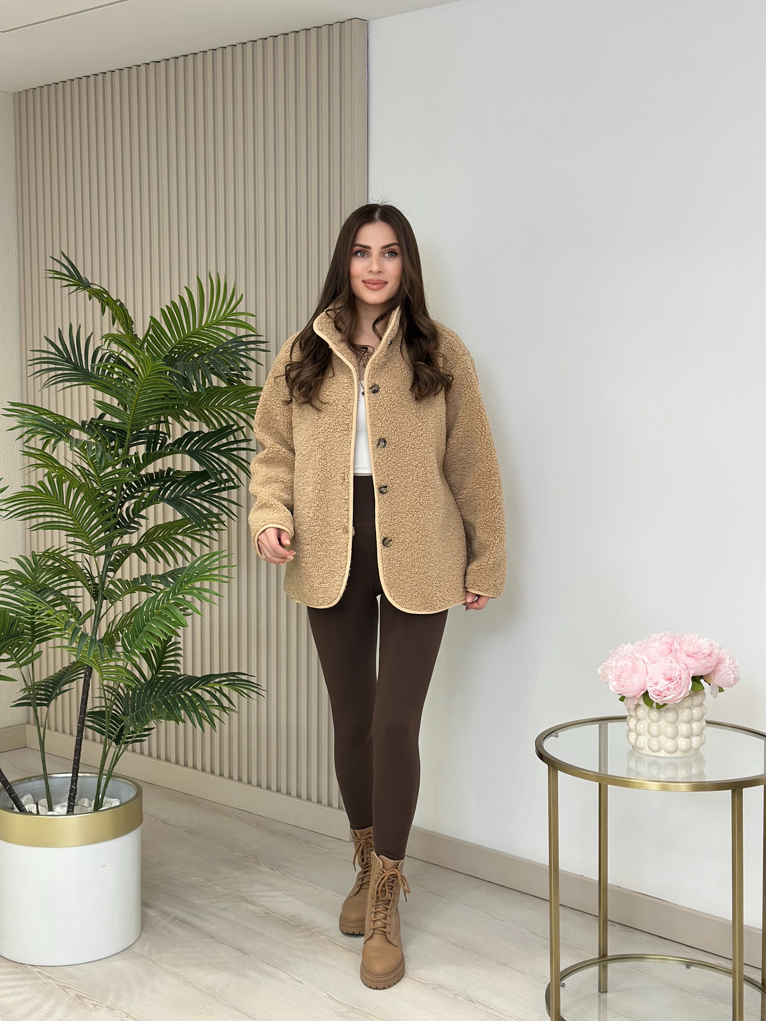 Teddy Önü Düğmeli Dik Yaka Mont Camel
