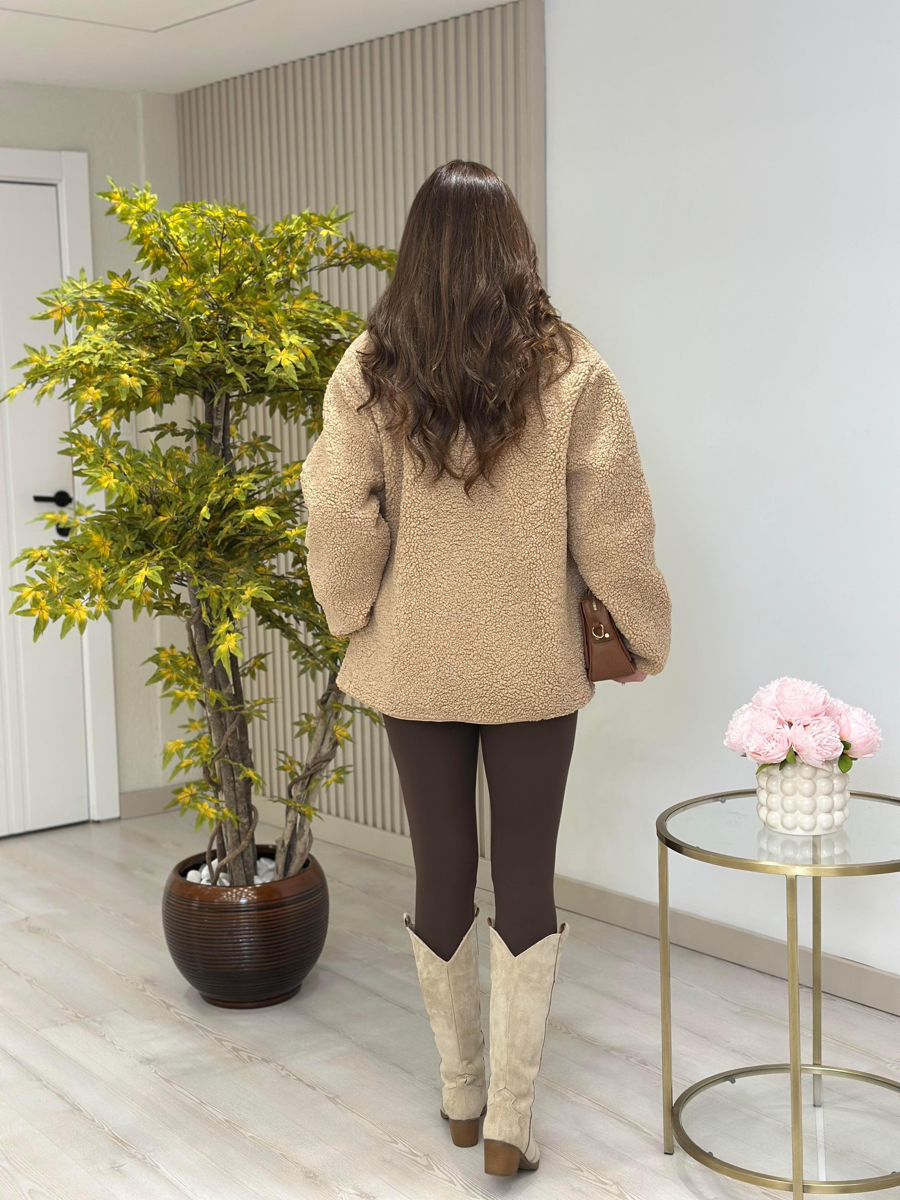 Teddy Önü Düğmeli Dik Yaka Mont Camel