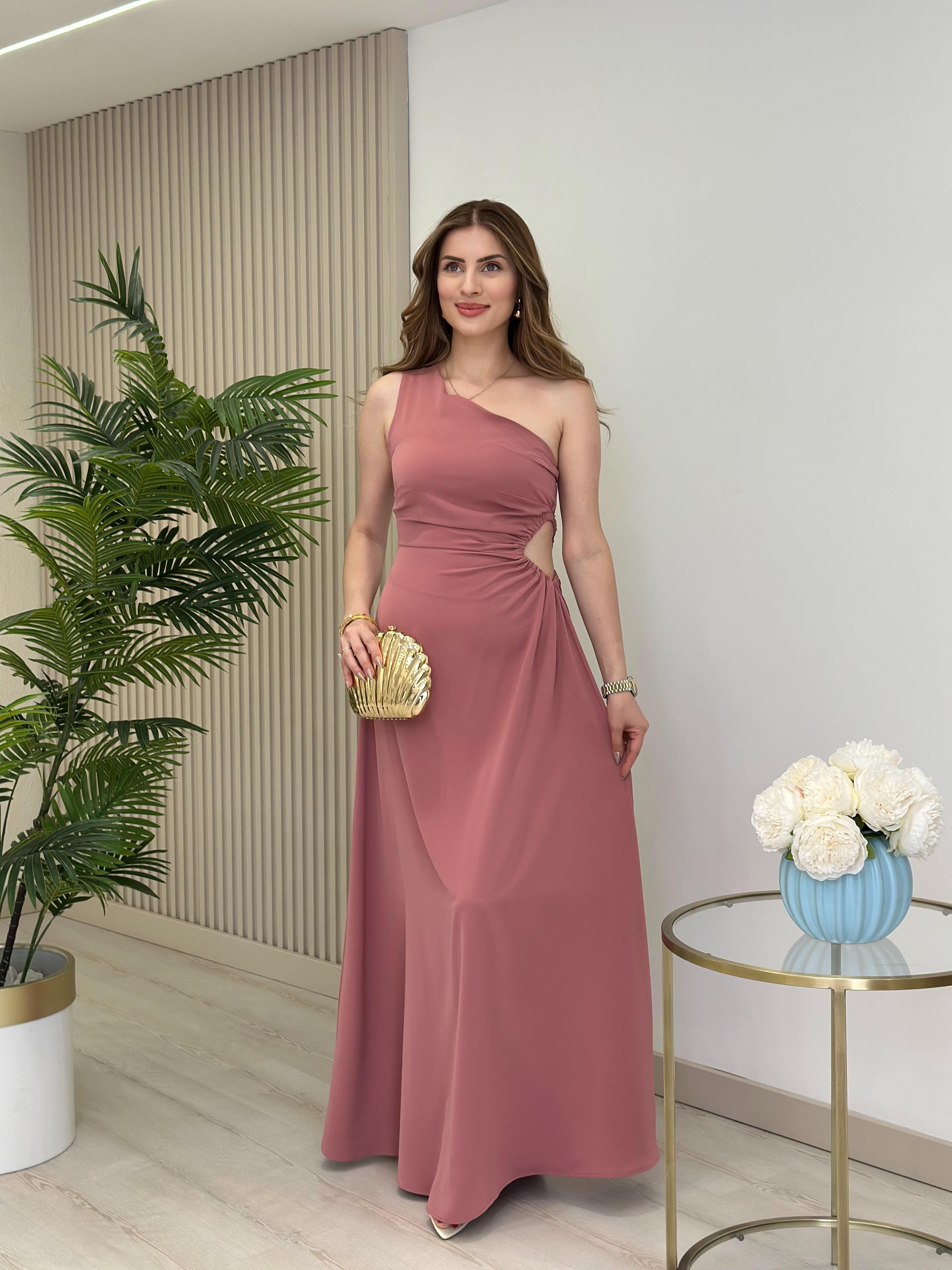 Tek Omuz Bel Dekolteli Elbise Gül Kurusu