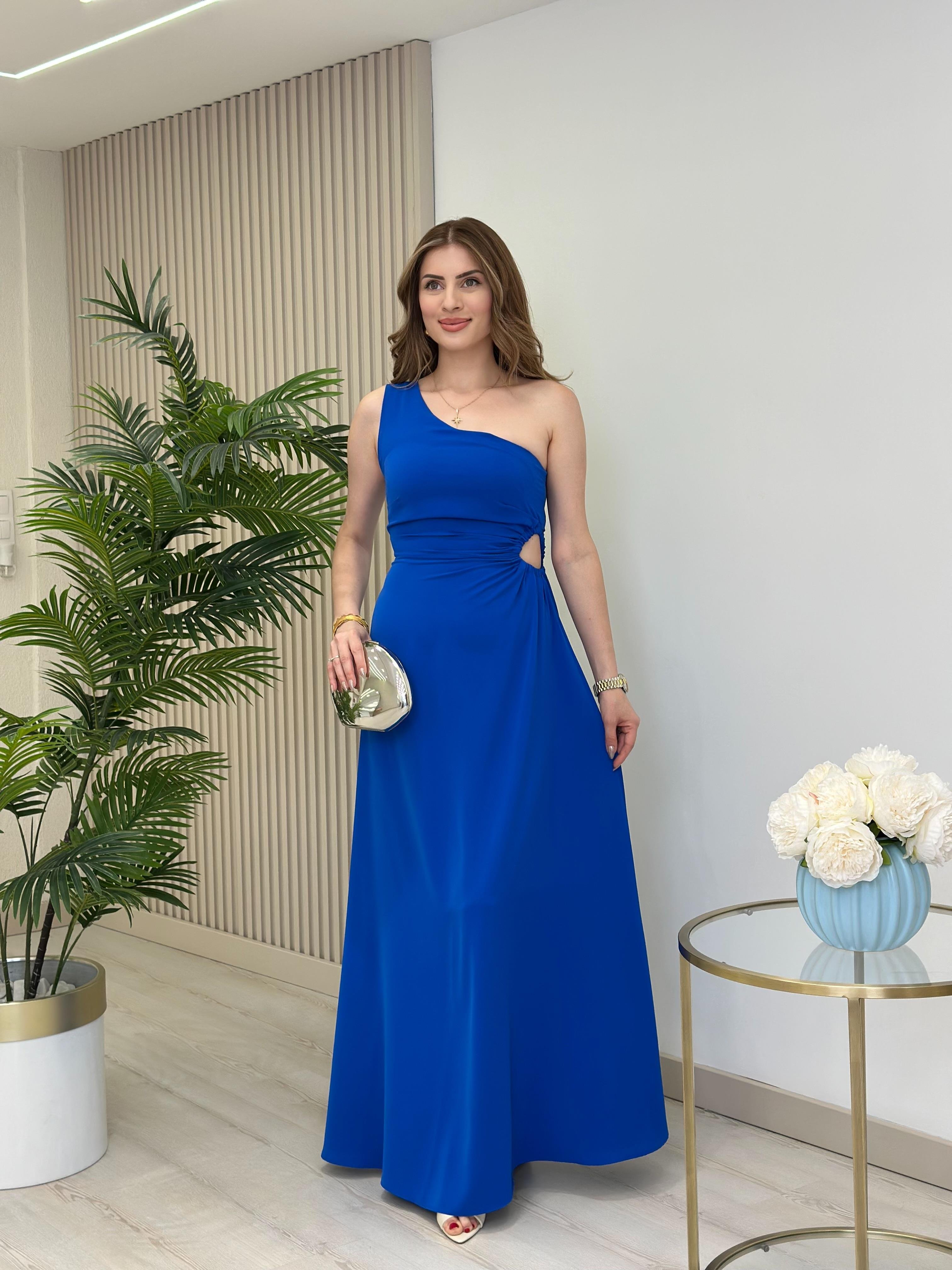 Tek Omuz Bel Dekolteli Elbise Saks Mavi