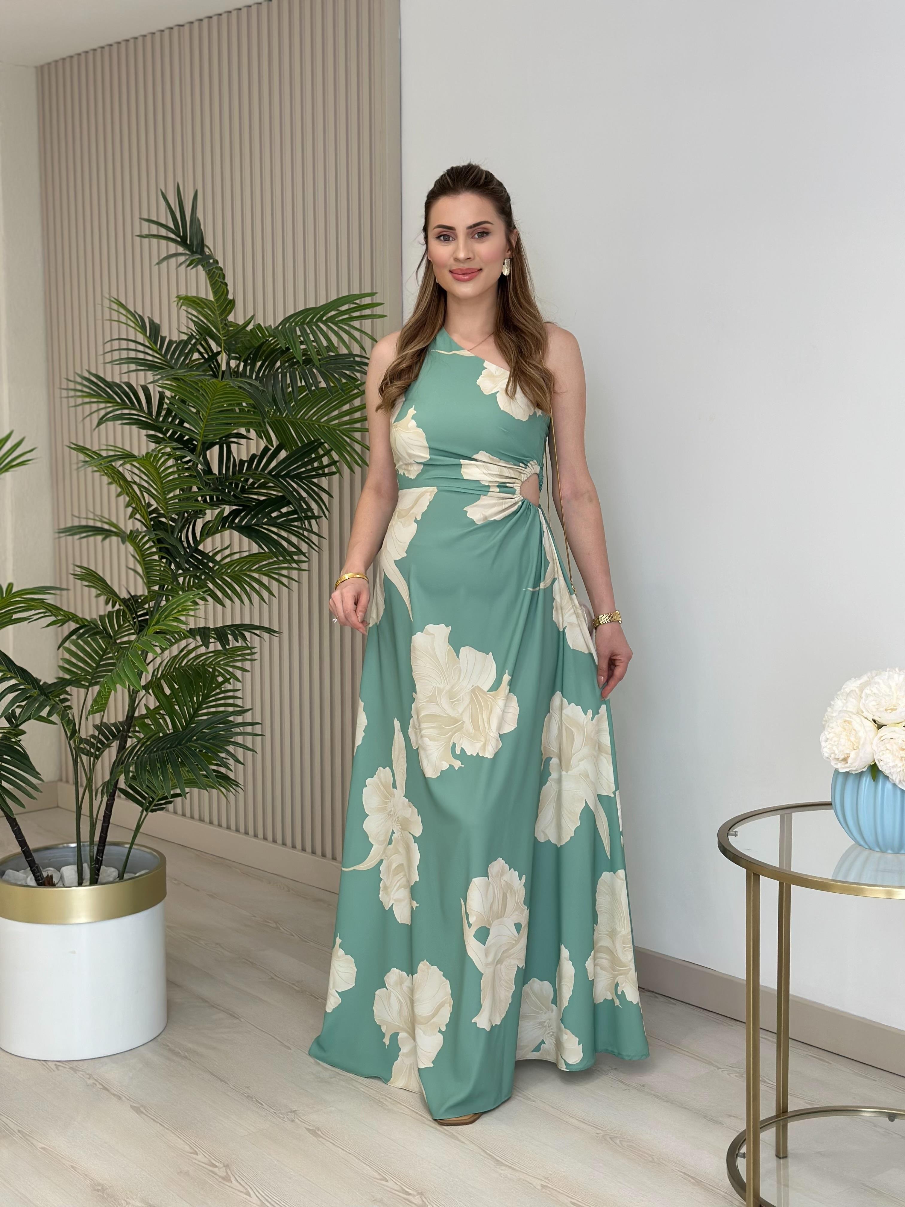 Tek Omuz Mint Bej Çiçekli Elbise 