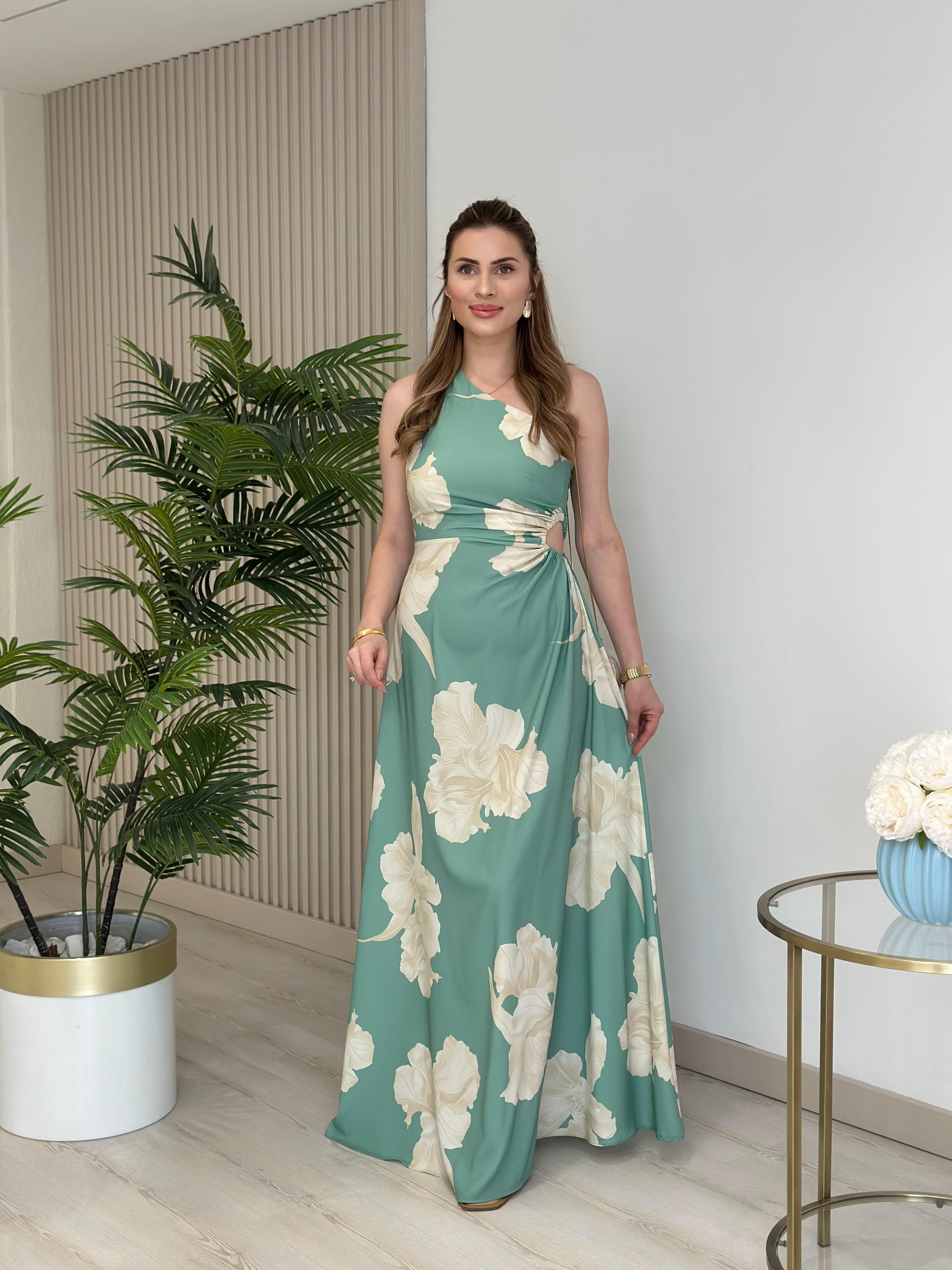 Tek Omuz Mint Bej Çiçekli Elbise 