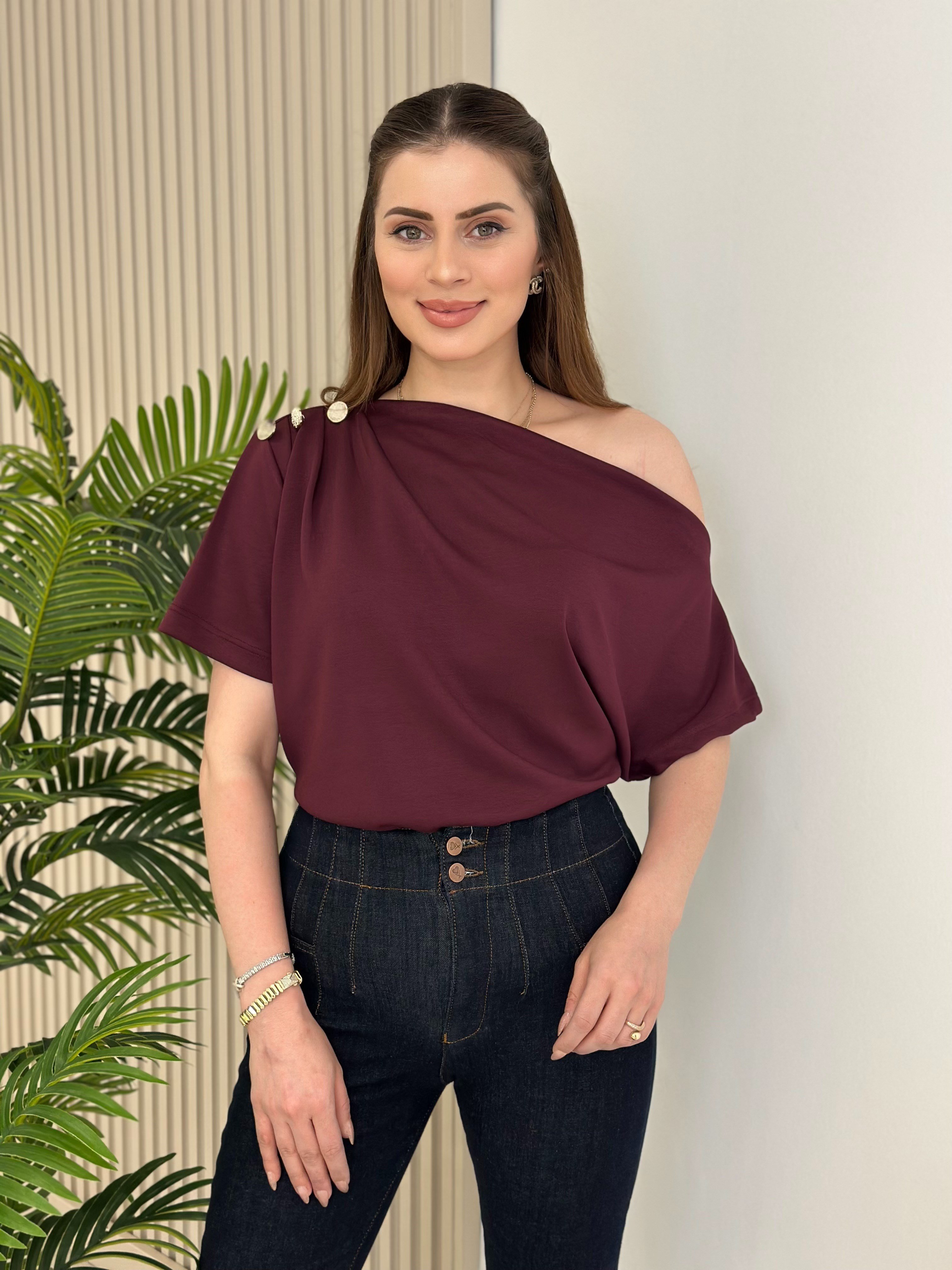 Tek Omzu Dekolteli Gold Düğmeli Modal Kumaş Tshirt Mürdüm