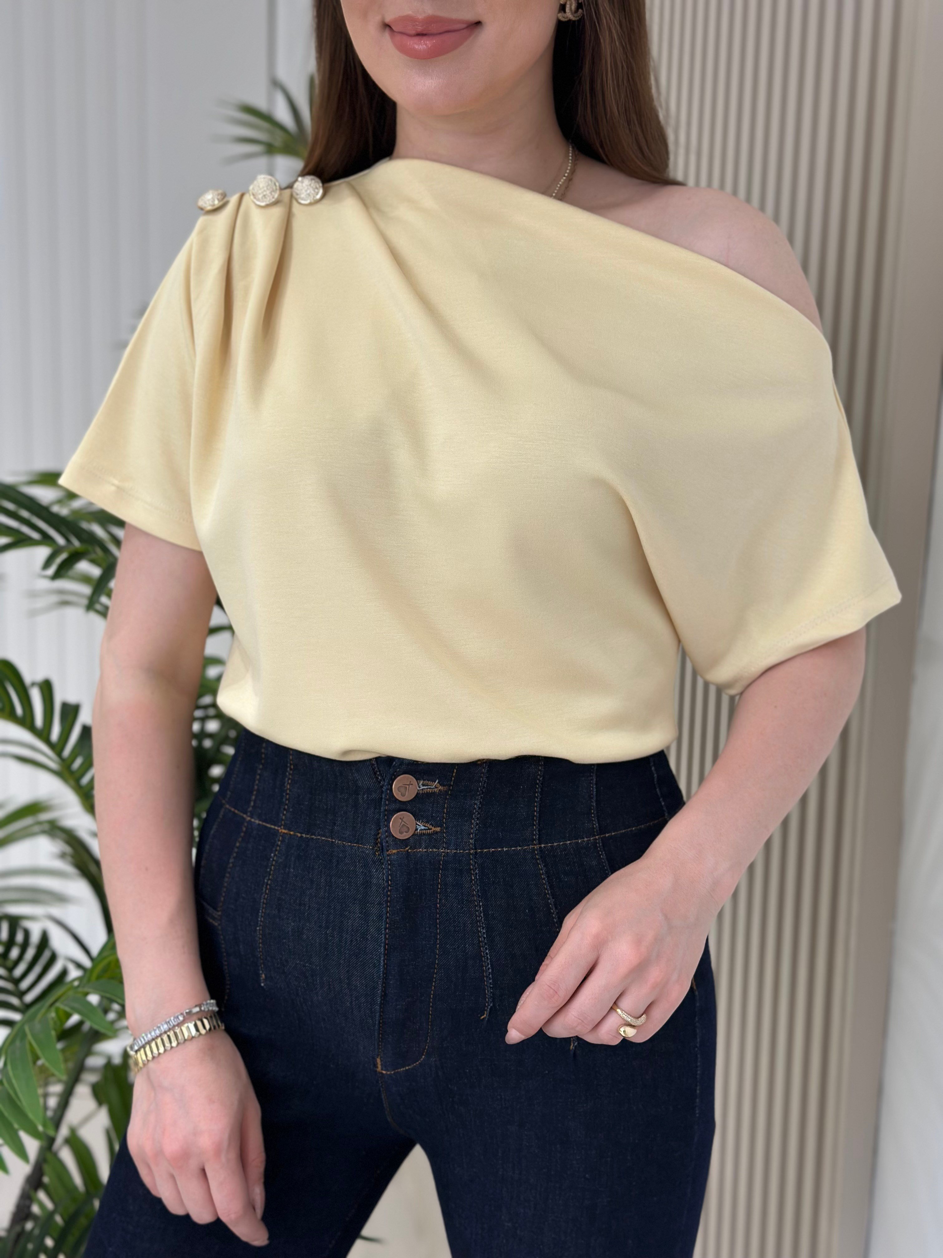 Tek Omzu Dekolteli Gold Düğmeli Modal Kumaş Tshirt Sarı