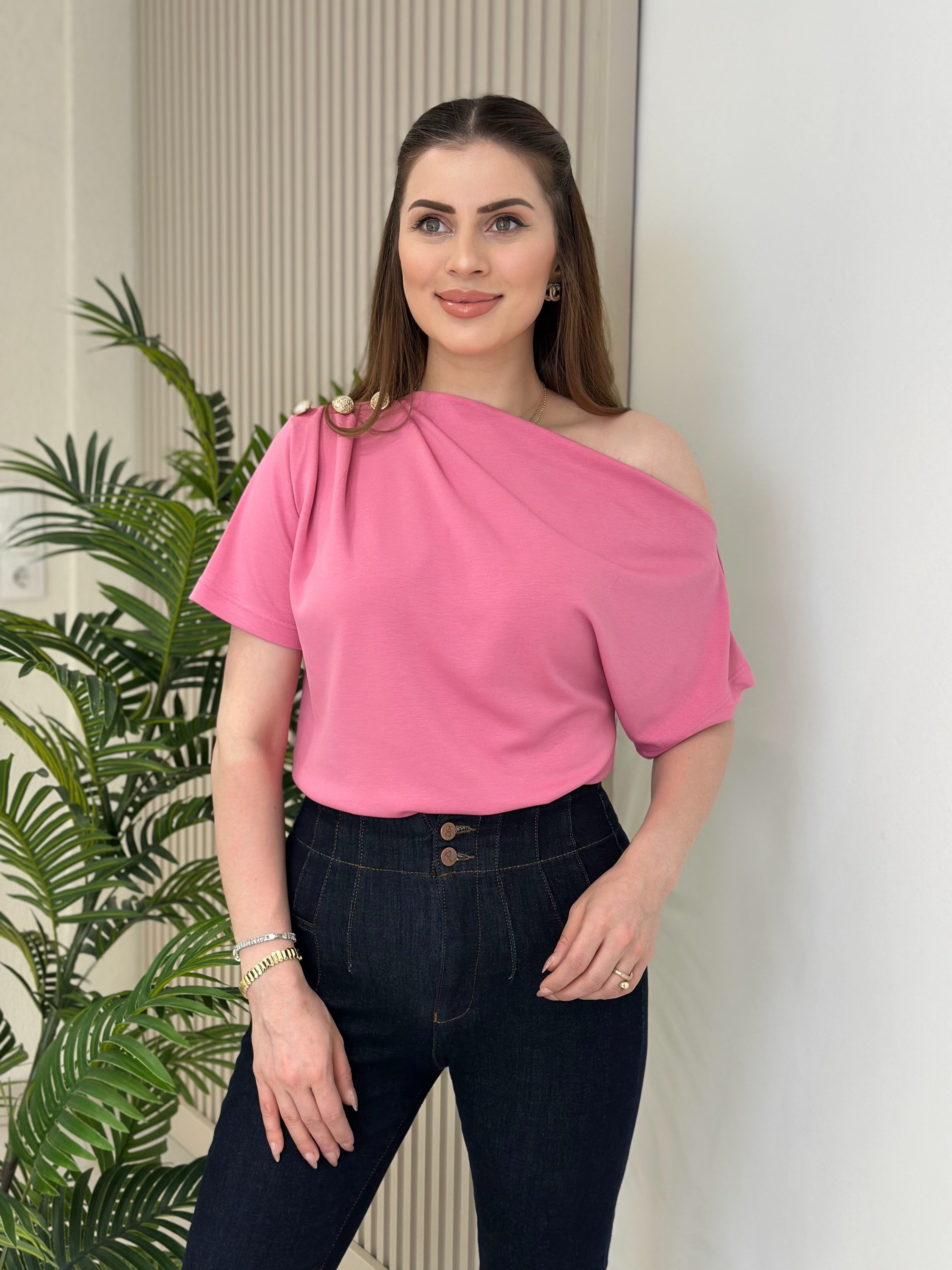 Tek Omzu Dekolteli Gold Düğmeli Modal Kumaş Tshirt Pembe