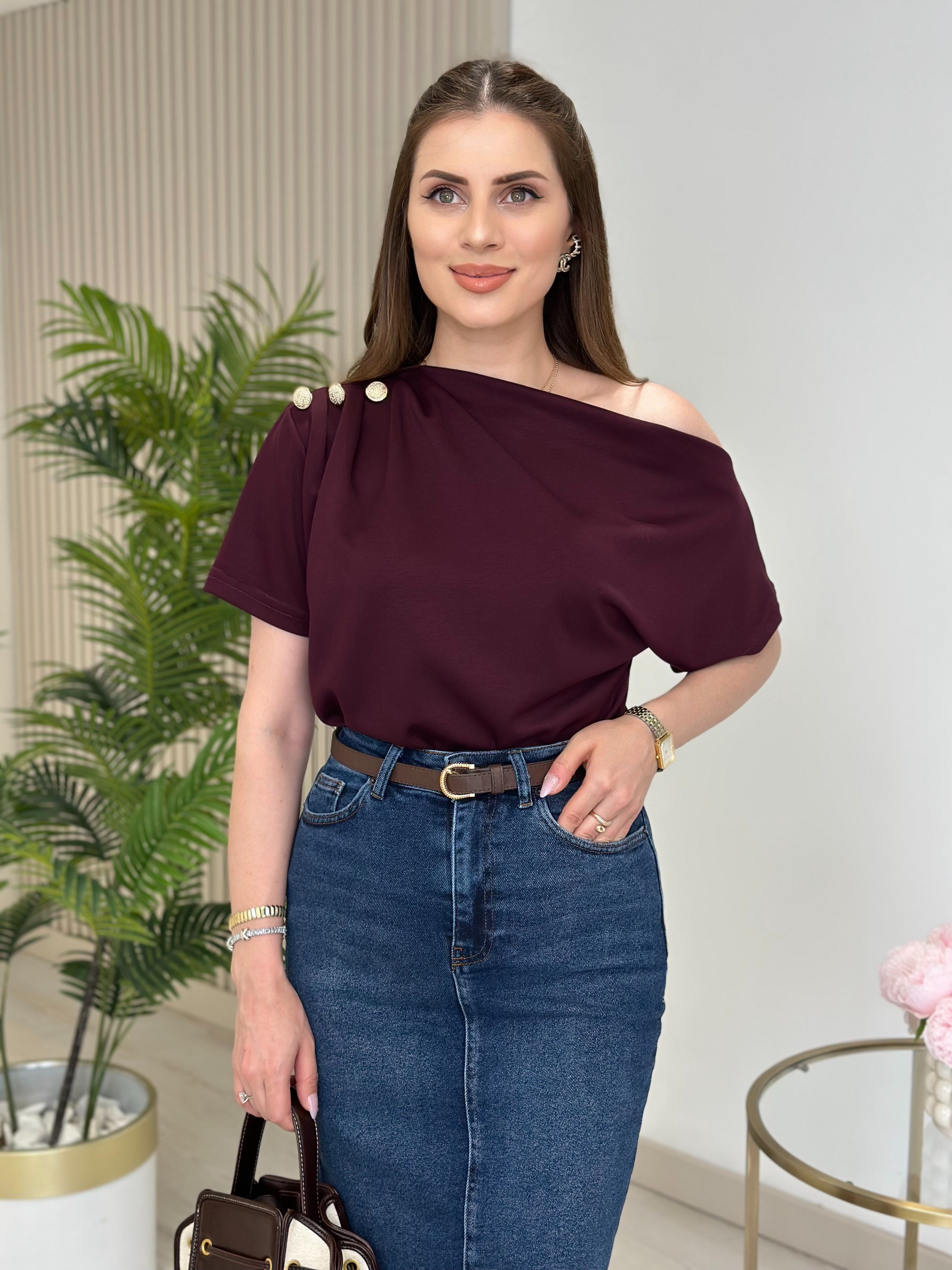 Tek Omzu Dekolteli Gold Düğmeli Modal Kumaş Tshirt Bordo
