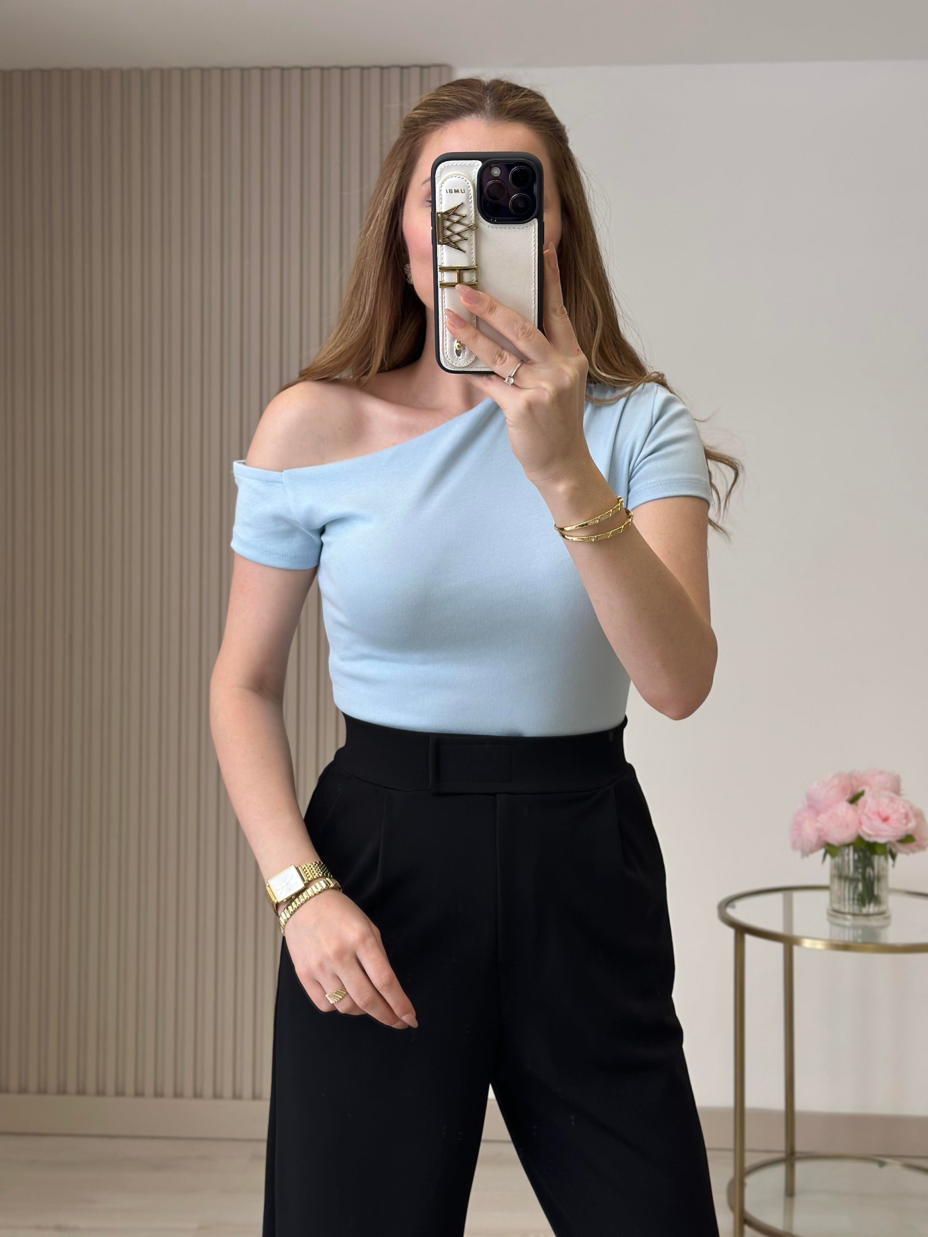 Tek Omzu Dekolteli Penye Tshirt Mavi