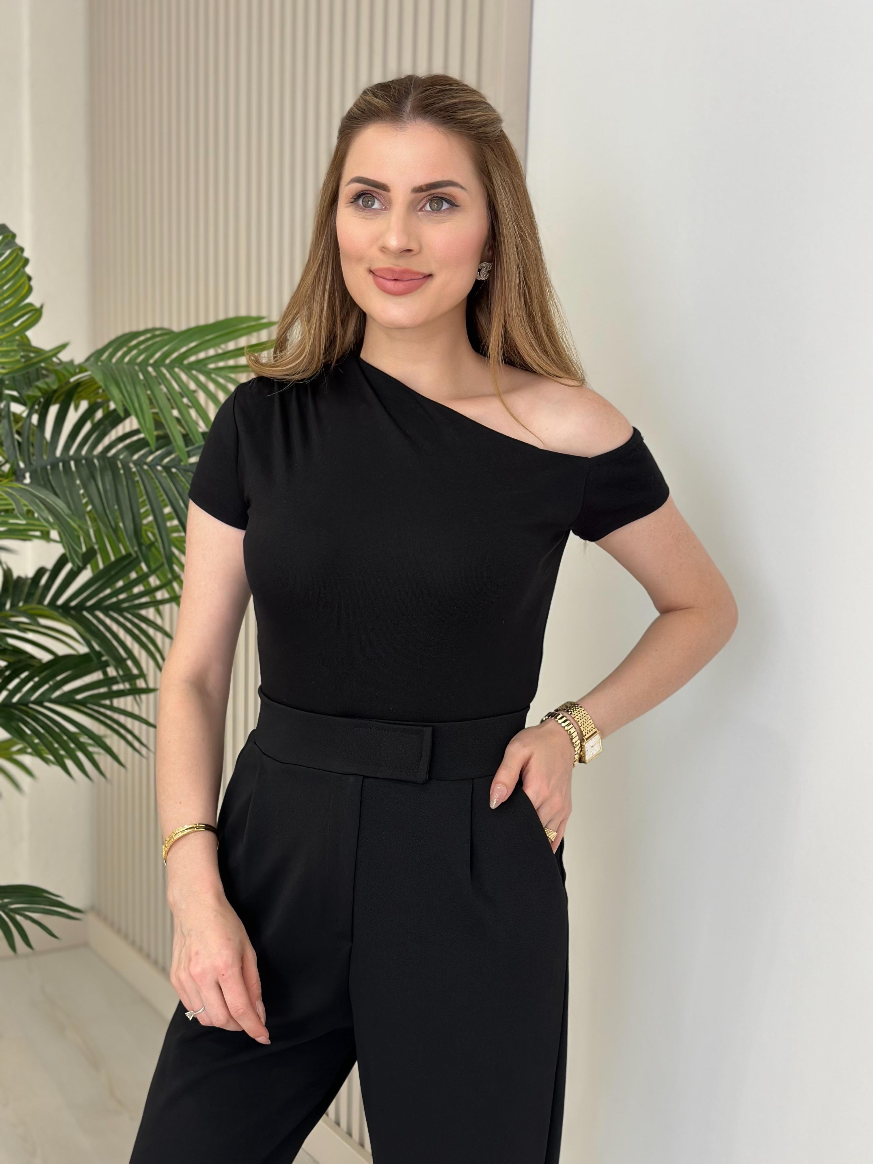 Tek Omzu Dekolteli Penye Tshirt Siyah