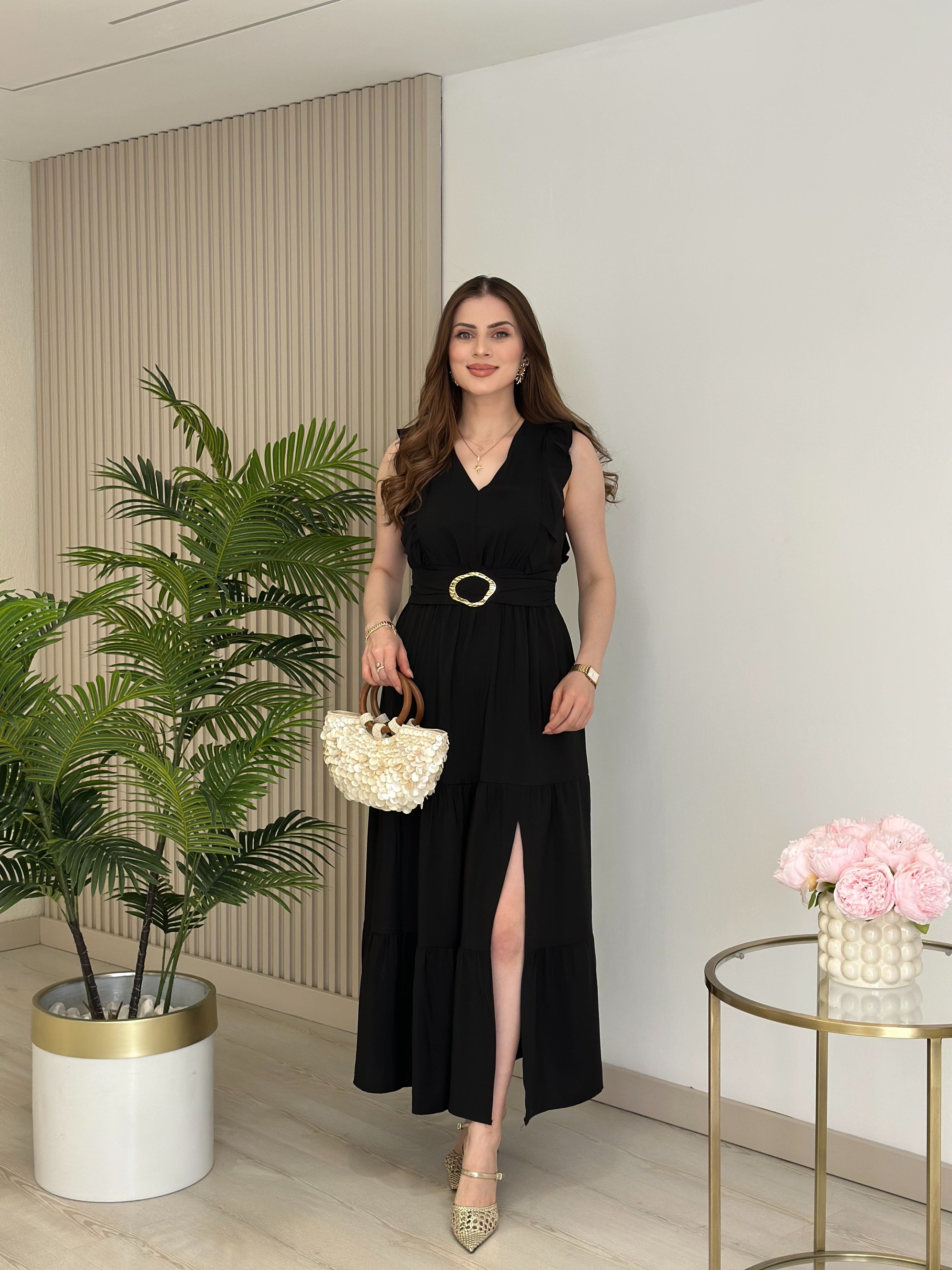 Tensel Kumaş Gold Aksesuarlı Fırfır Detaylı Beli Lastikli Elbise Siyah