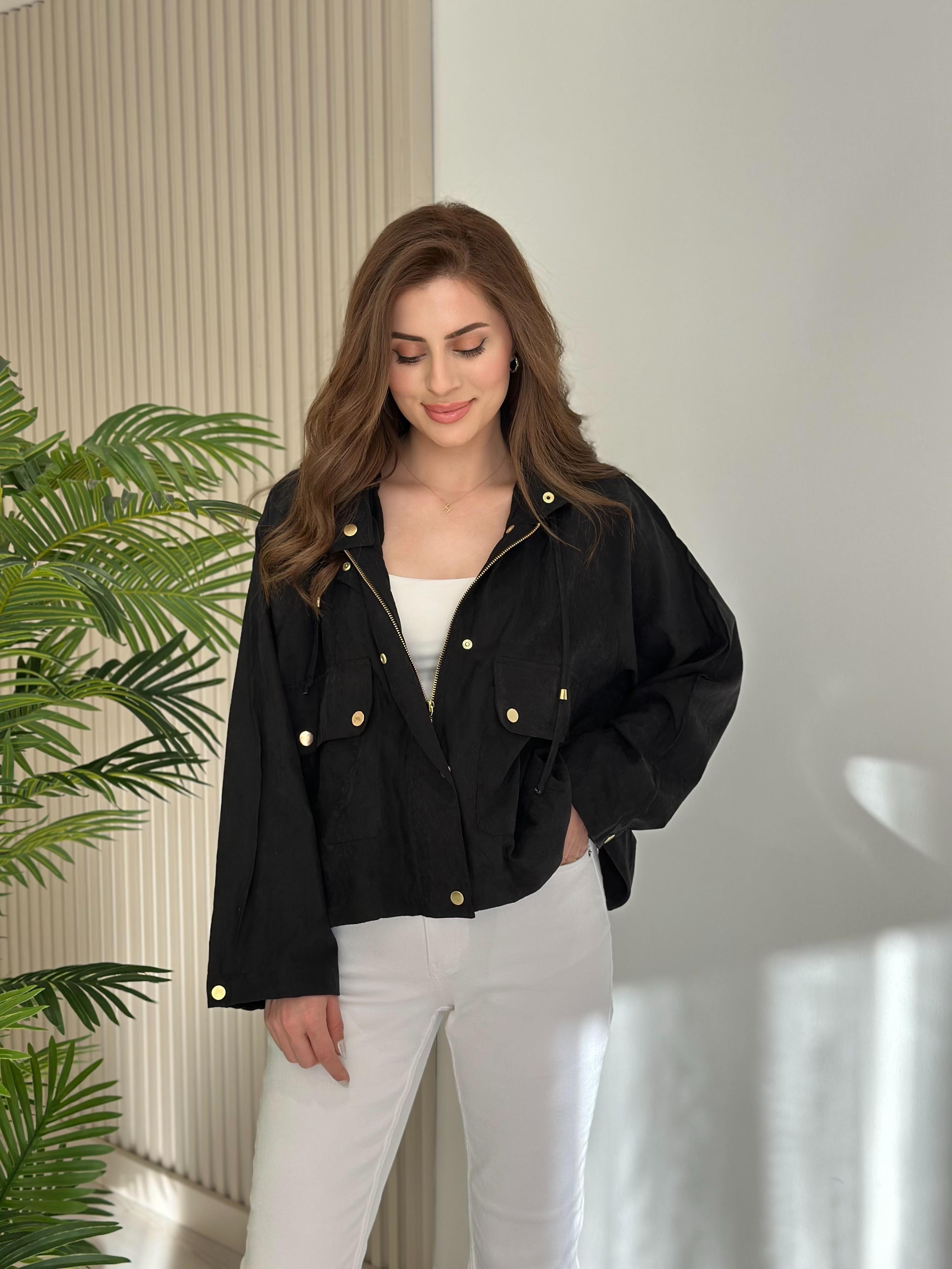 Tensel Kumaş Gold Çıtçıtlı Ceket Siyah