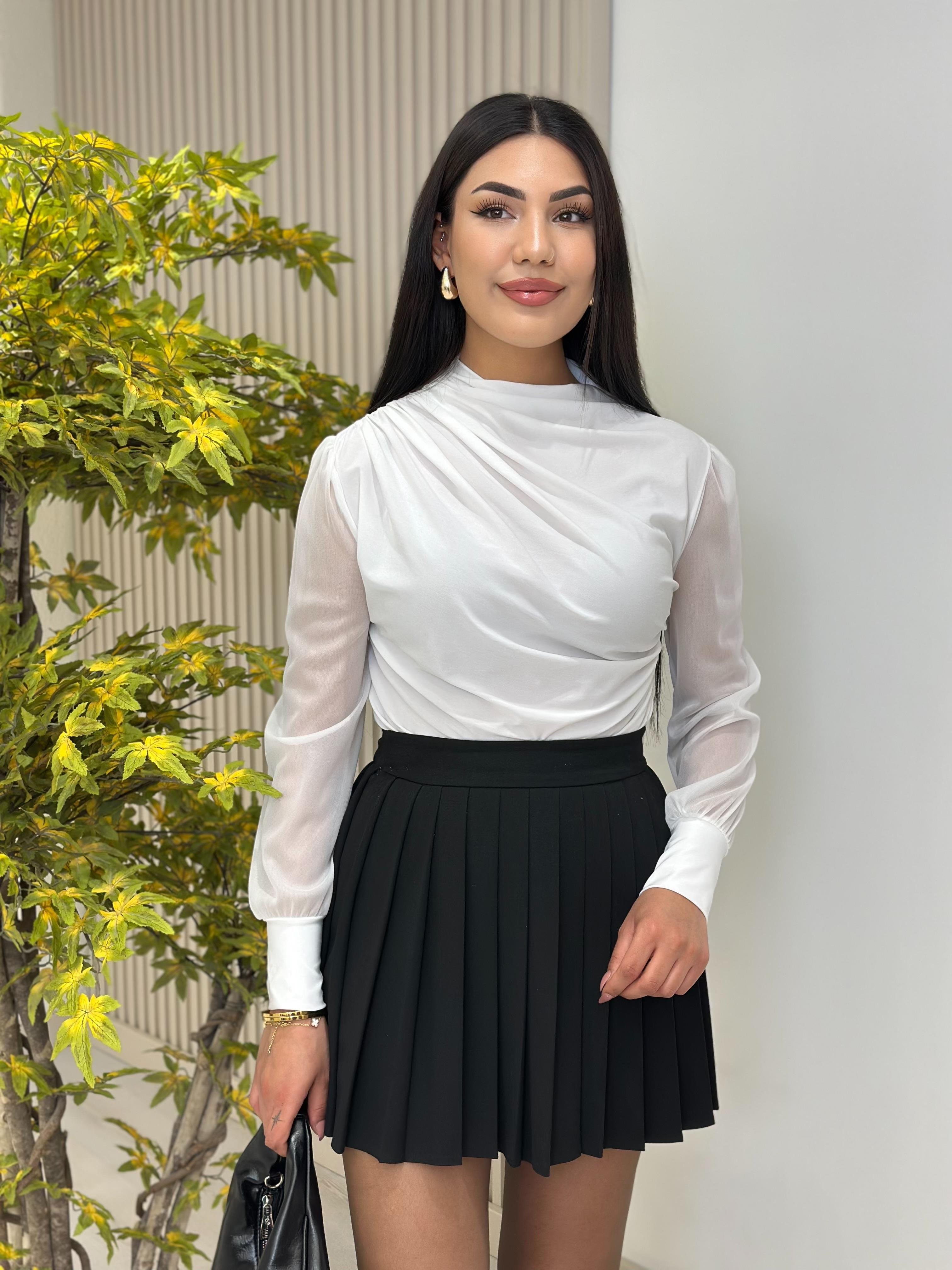 Tül Kol Drapeli Sandy Kumaş Bluz Beyaz