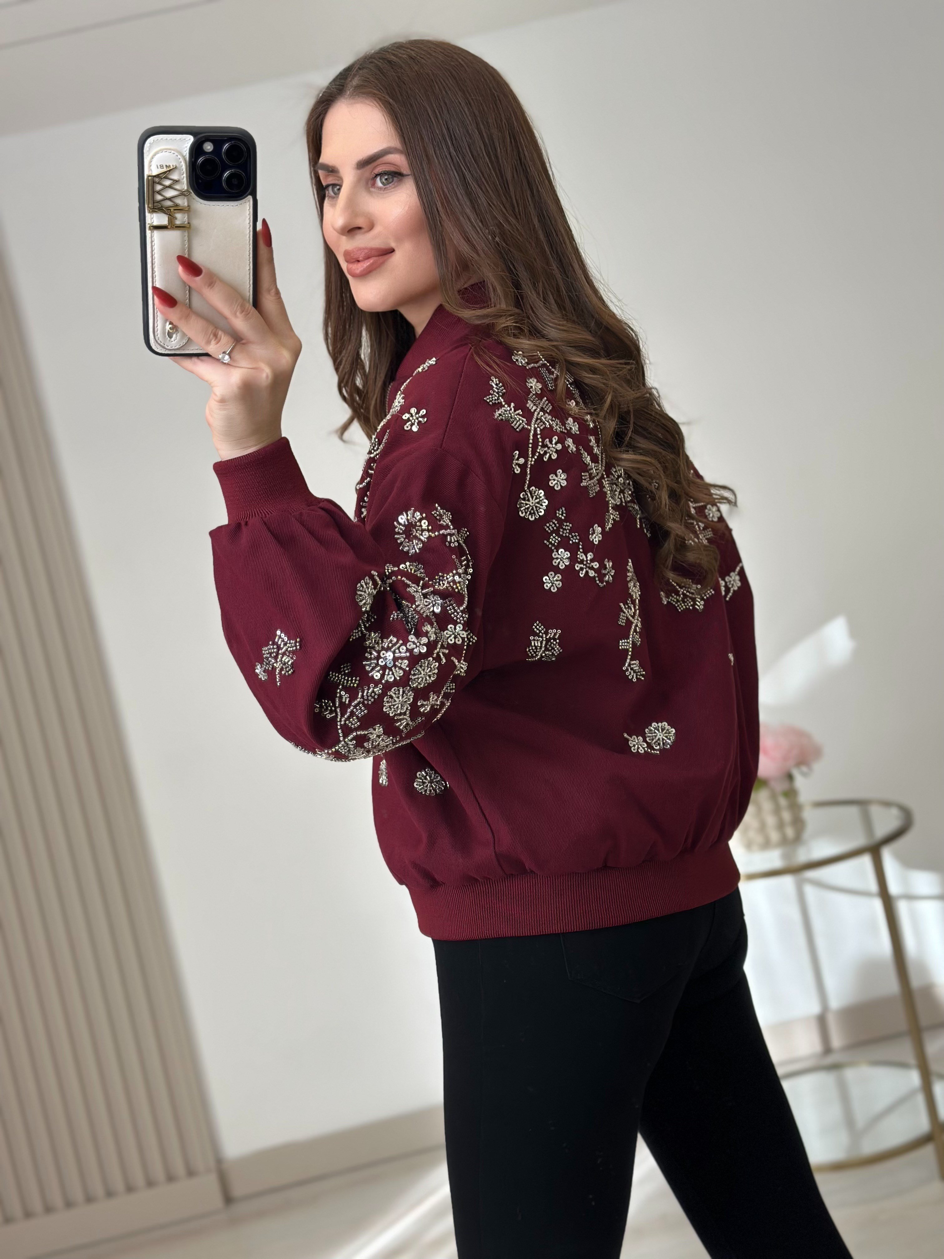 Üzeri Full Taşlı İpky Model Bomber Mont Bordo