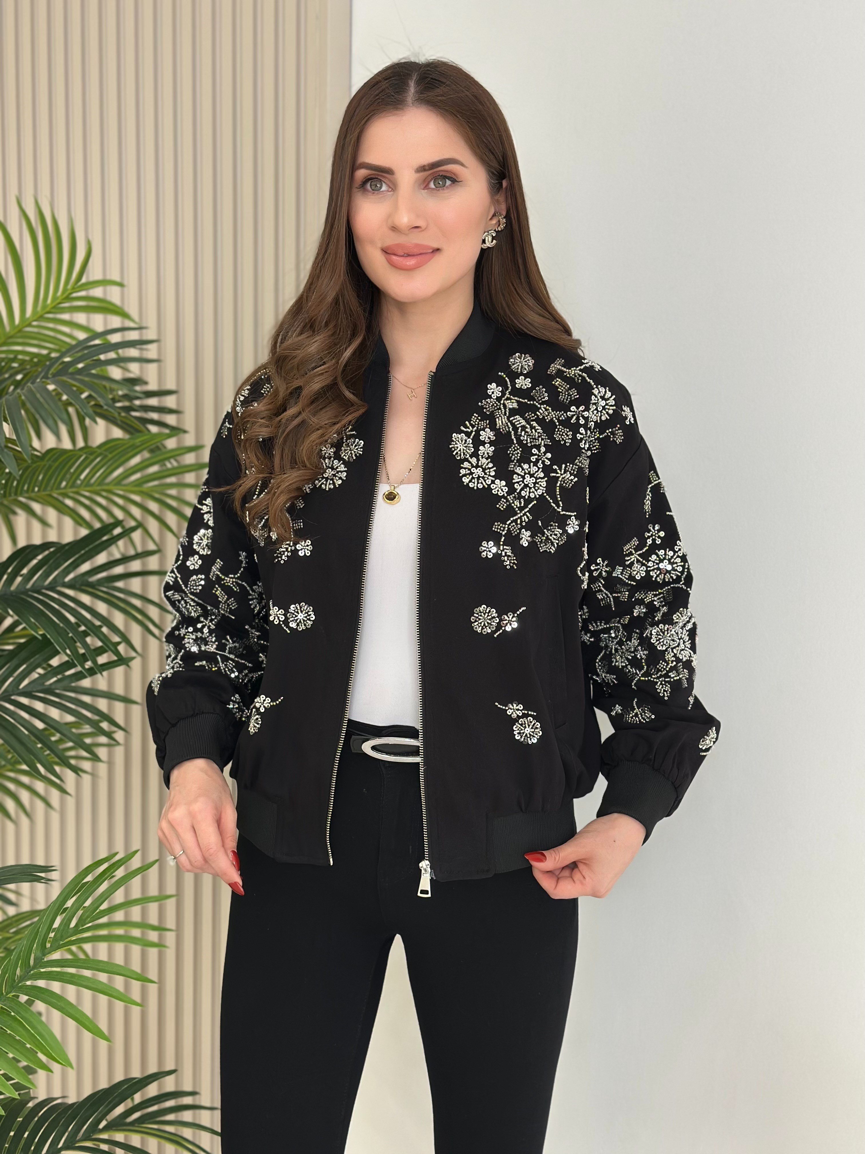 Üzeri Full Taşlı İpky Model Bomber Mont Siyah