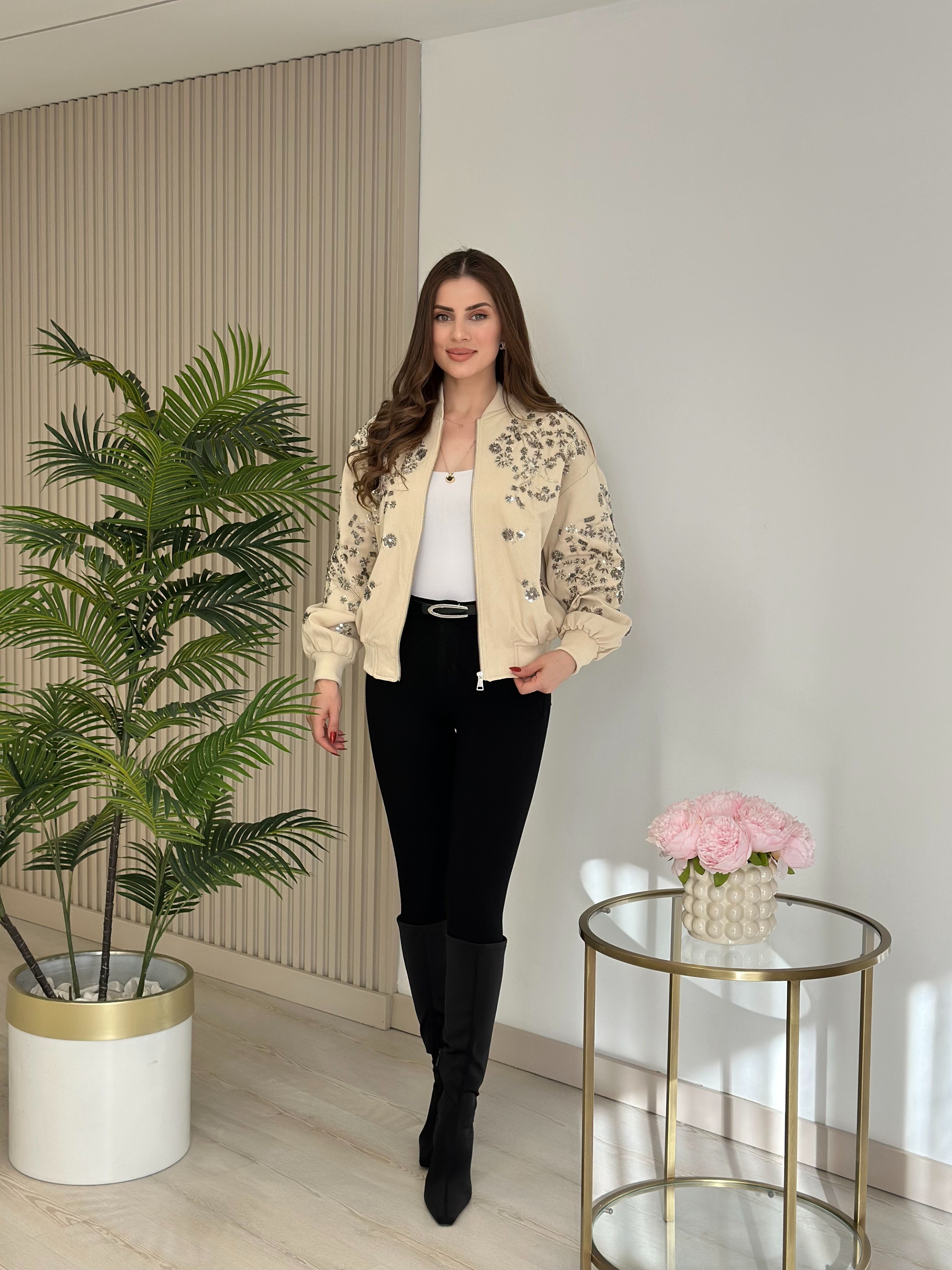 Üzeri Full Taşlı İpky Model Bomber Mont Taş