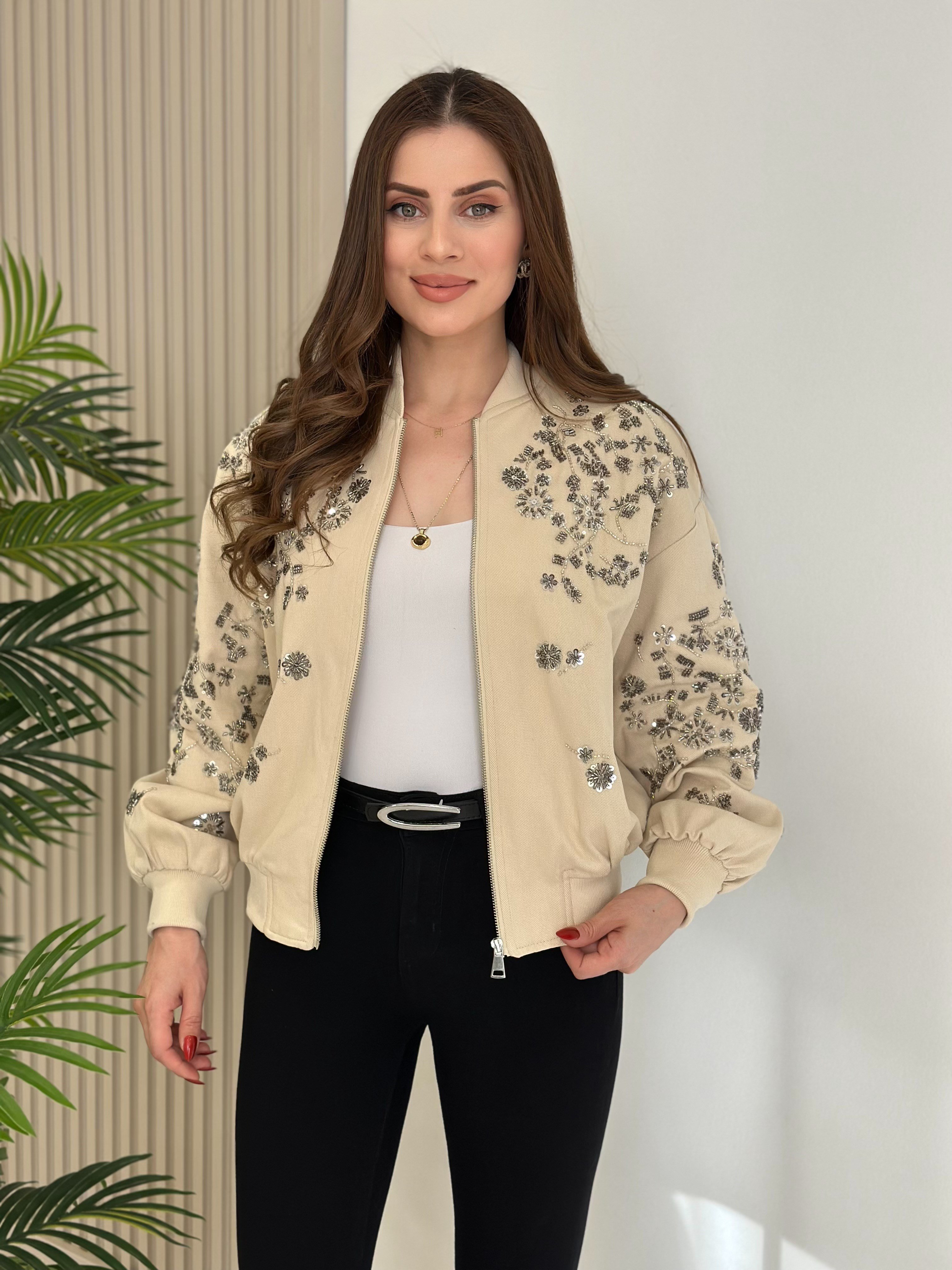 Üzeri Full Taşlı İpky Model Bomber Mont Taş