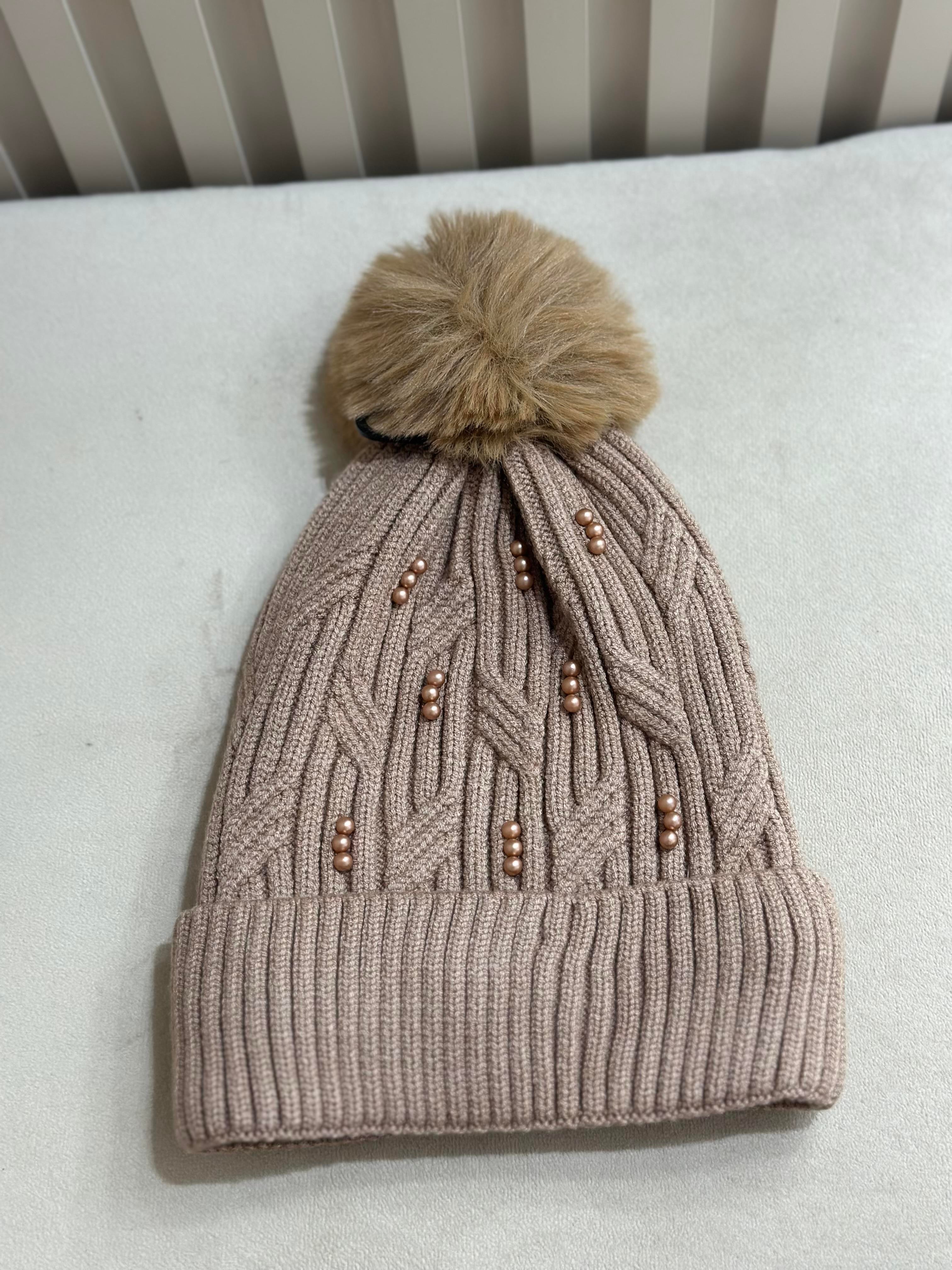 Üzeri İncili İçi Peluş Örgü Şapka Camel