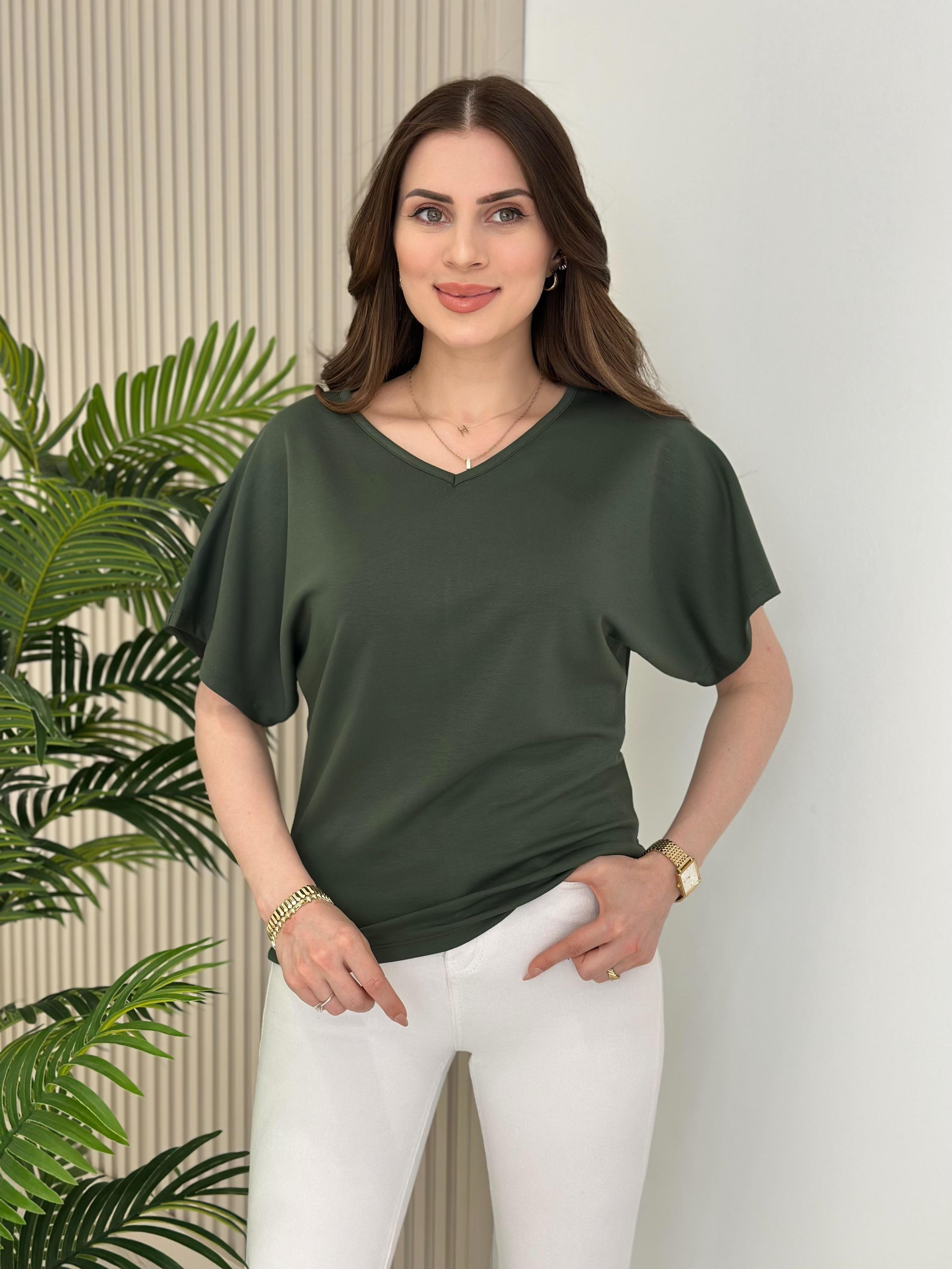 V Yaka Kısa Kollu Modal Tshirt Haki Yeşil