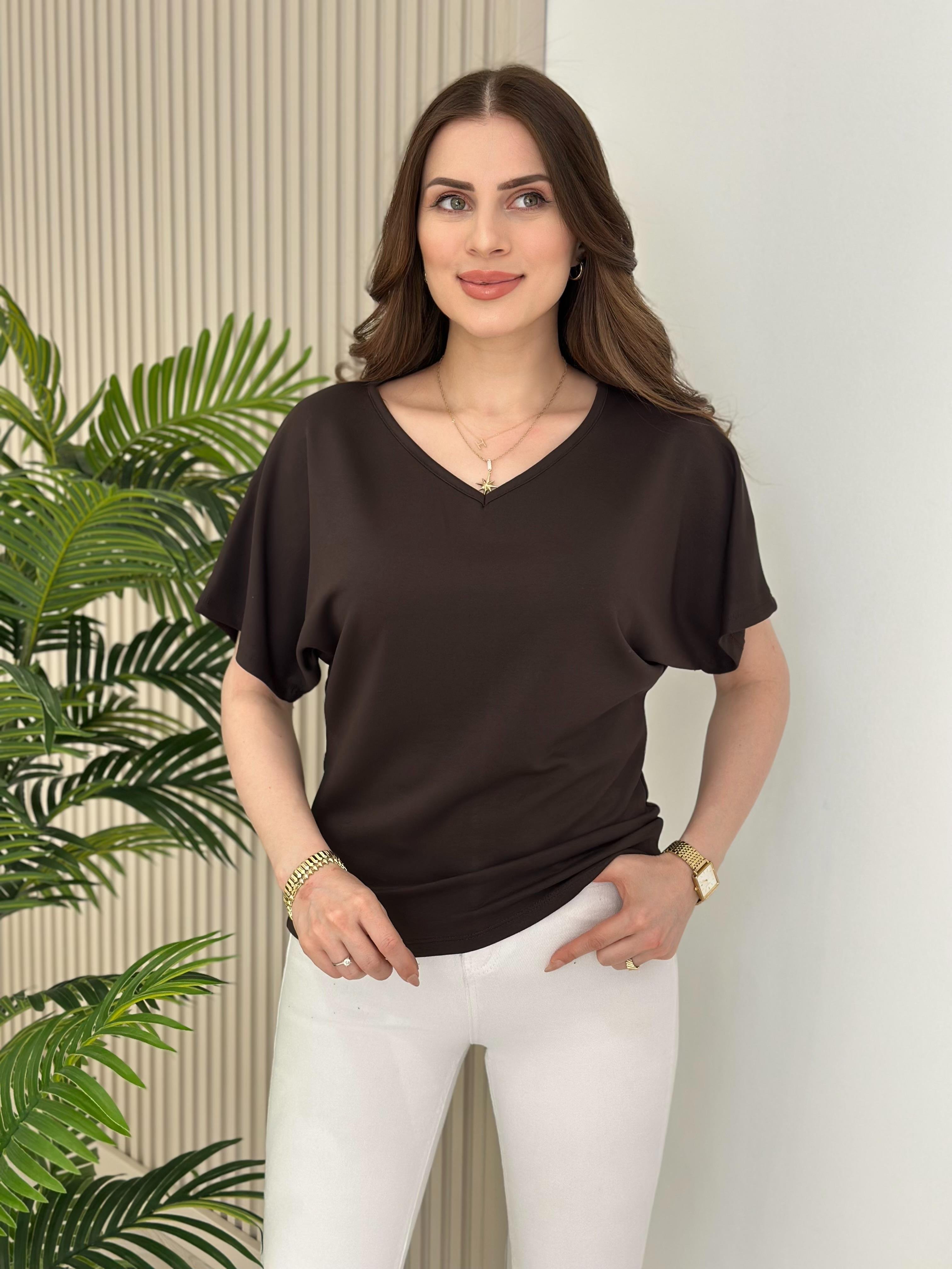 V Yaka Kısa Kollu Modal Tshirt Kahve
