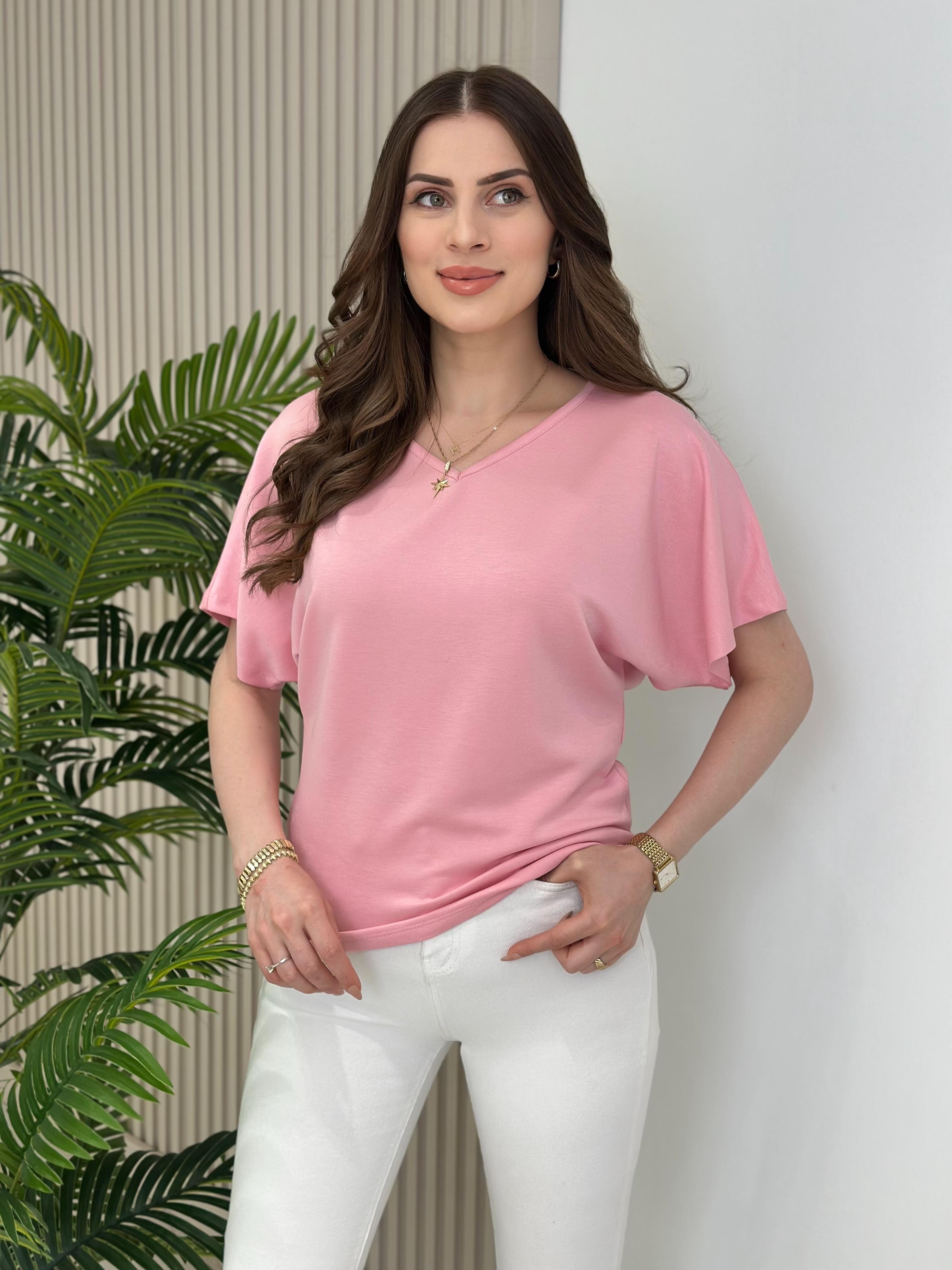 V Yaka Kısa Kollu Modal Tshirt Pembe