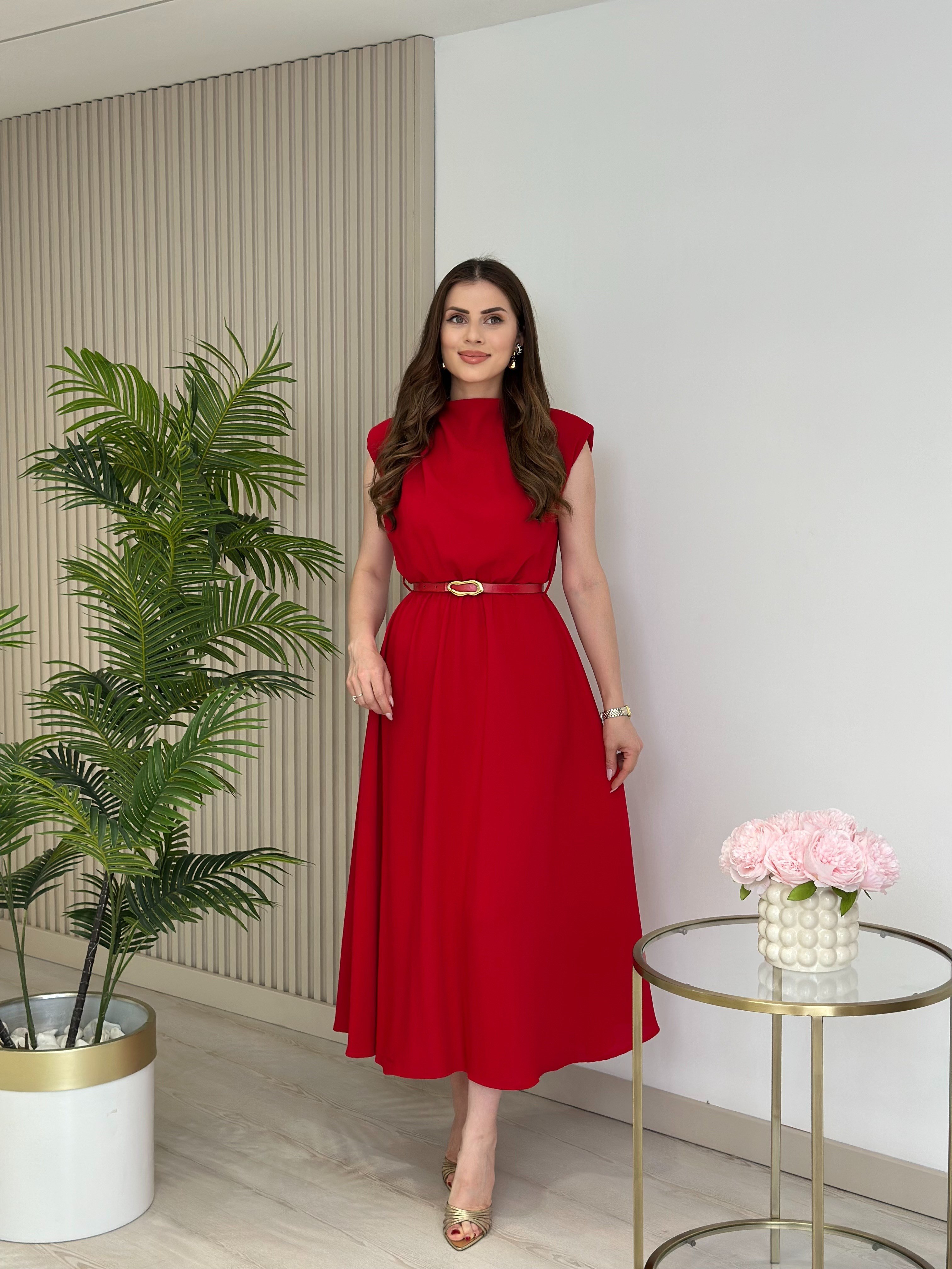 Vatkalı Drape Detaylı Kemerli Elbise Kırmızı