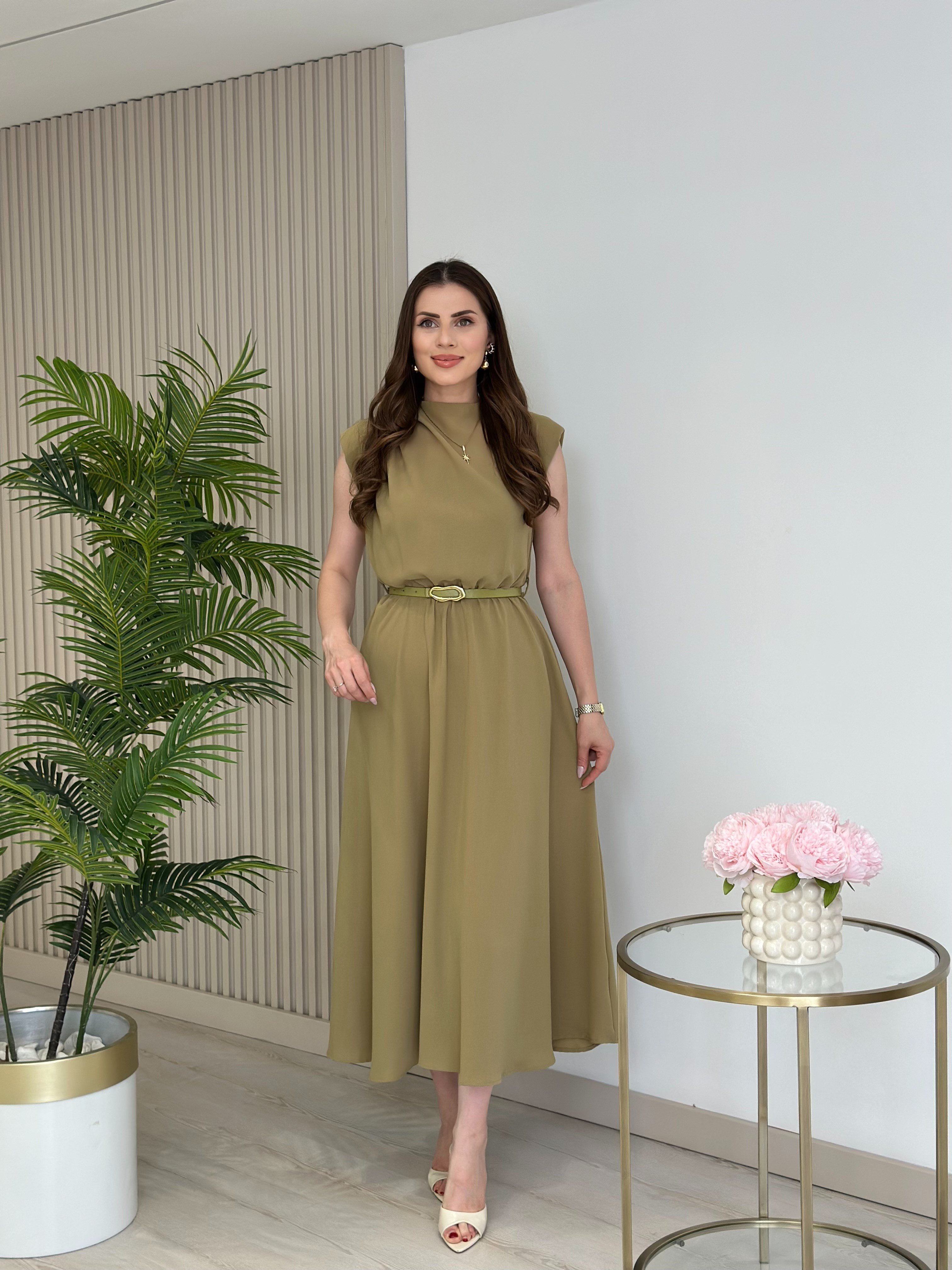 Vatkalı Drape Detaylı Kemerli Elbise Yağ Yeşili