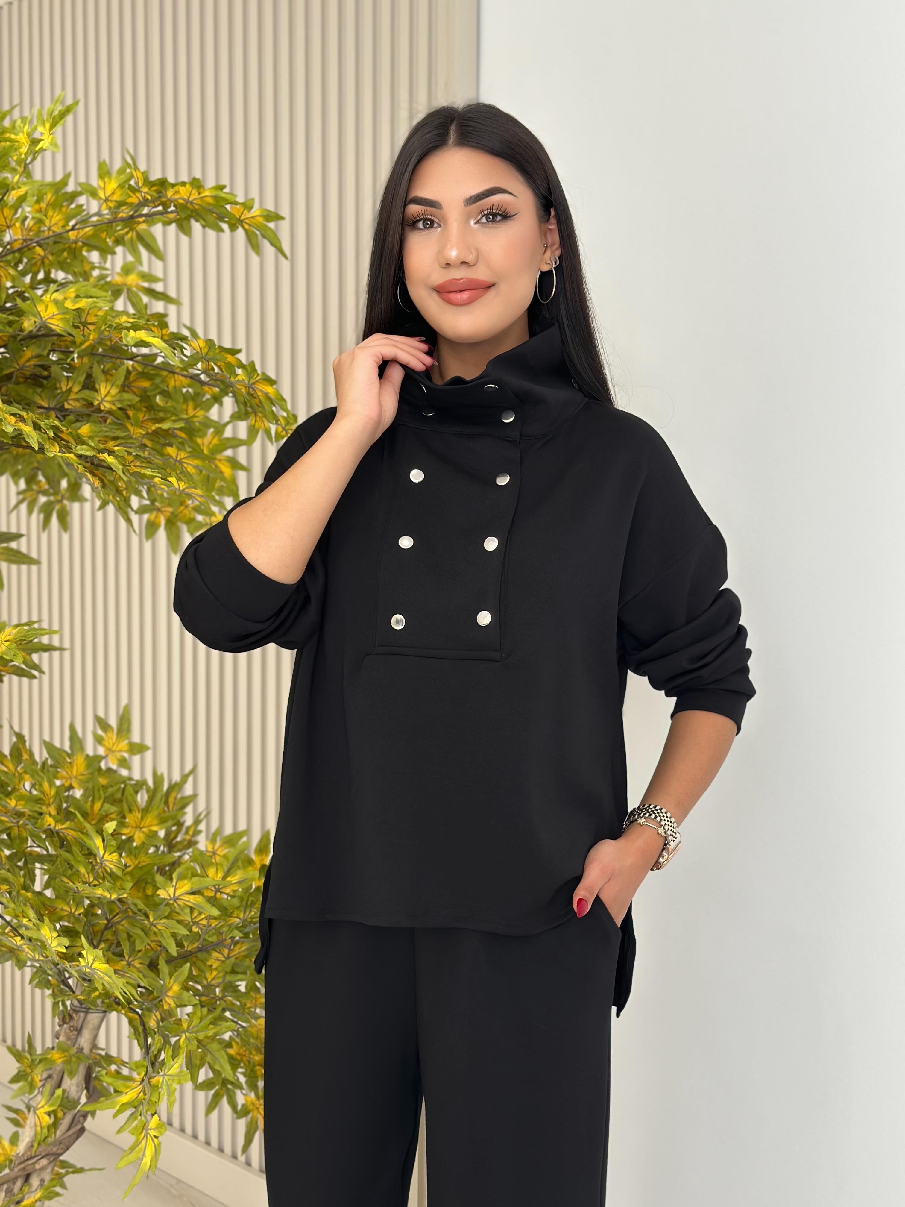 Yakası Çıtçıt Detaylı Modal Takım Siyah
