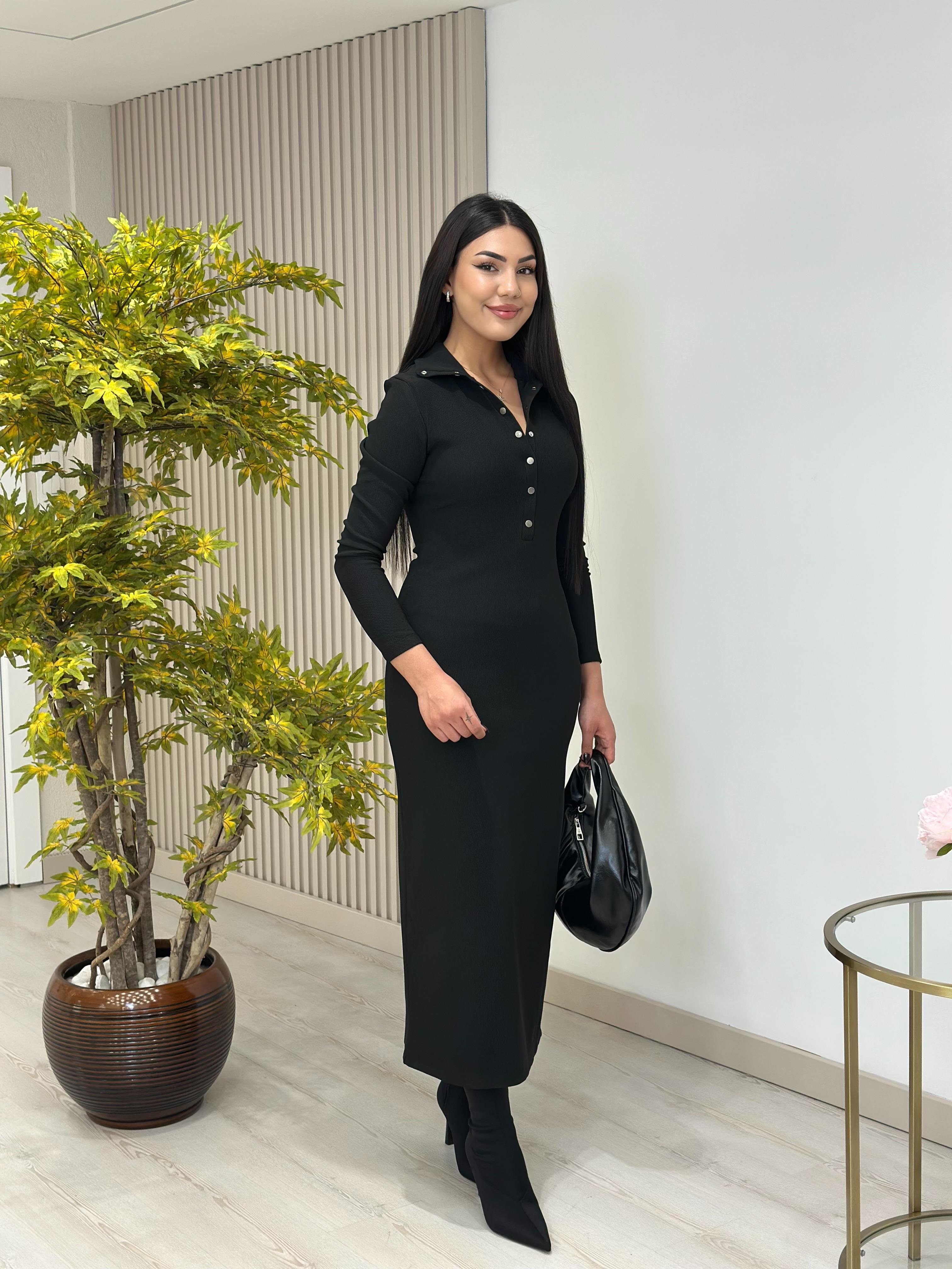 Yakası Çıtçıtlı Ottoman Kumaş Yırtmaçlı Elbise Siyah