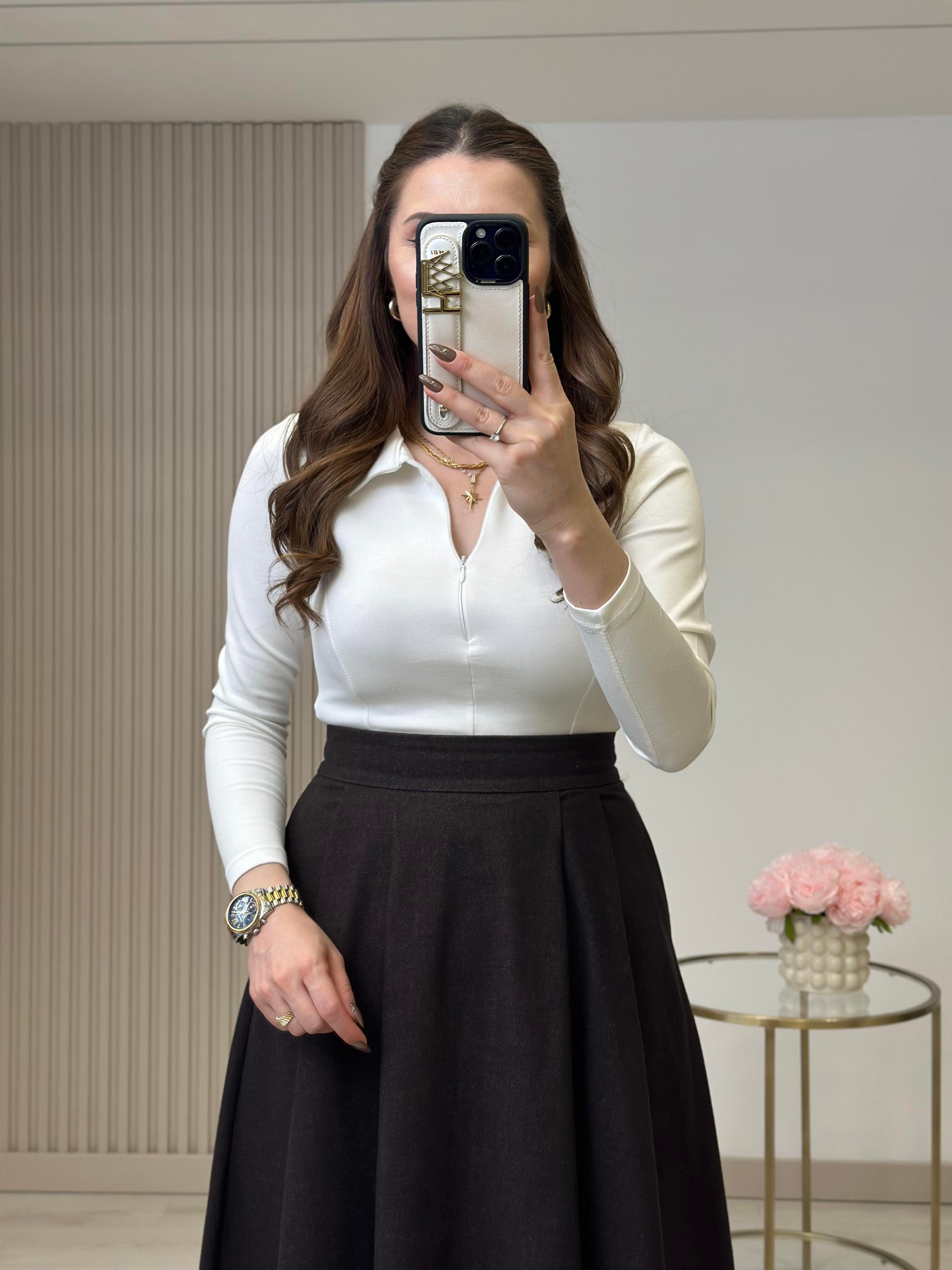 Yakası Fermuarlı Modal Bluz Beyaz