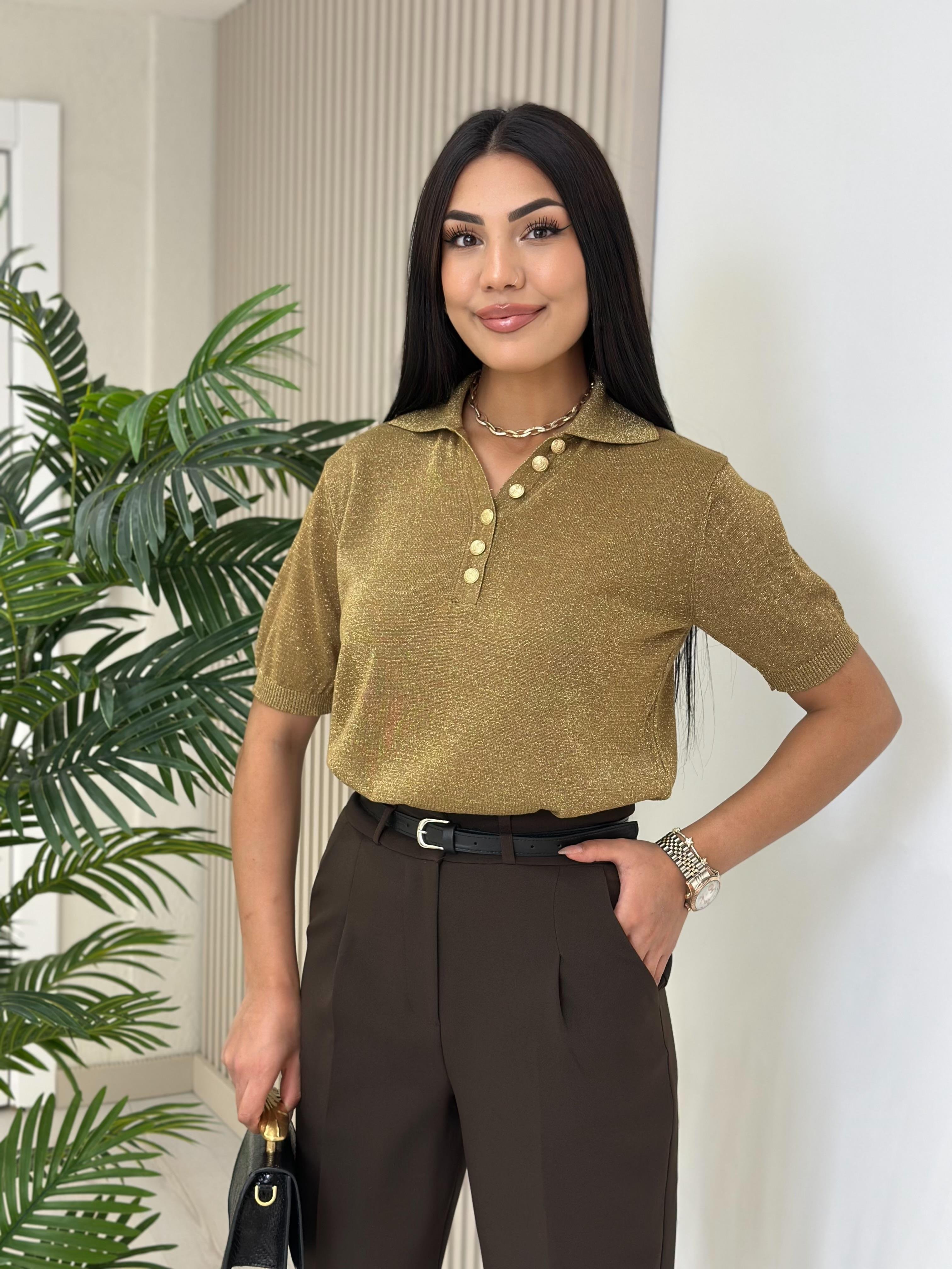 Yakası Gold Düğmeli Simli Triko Gold