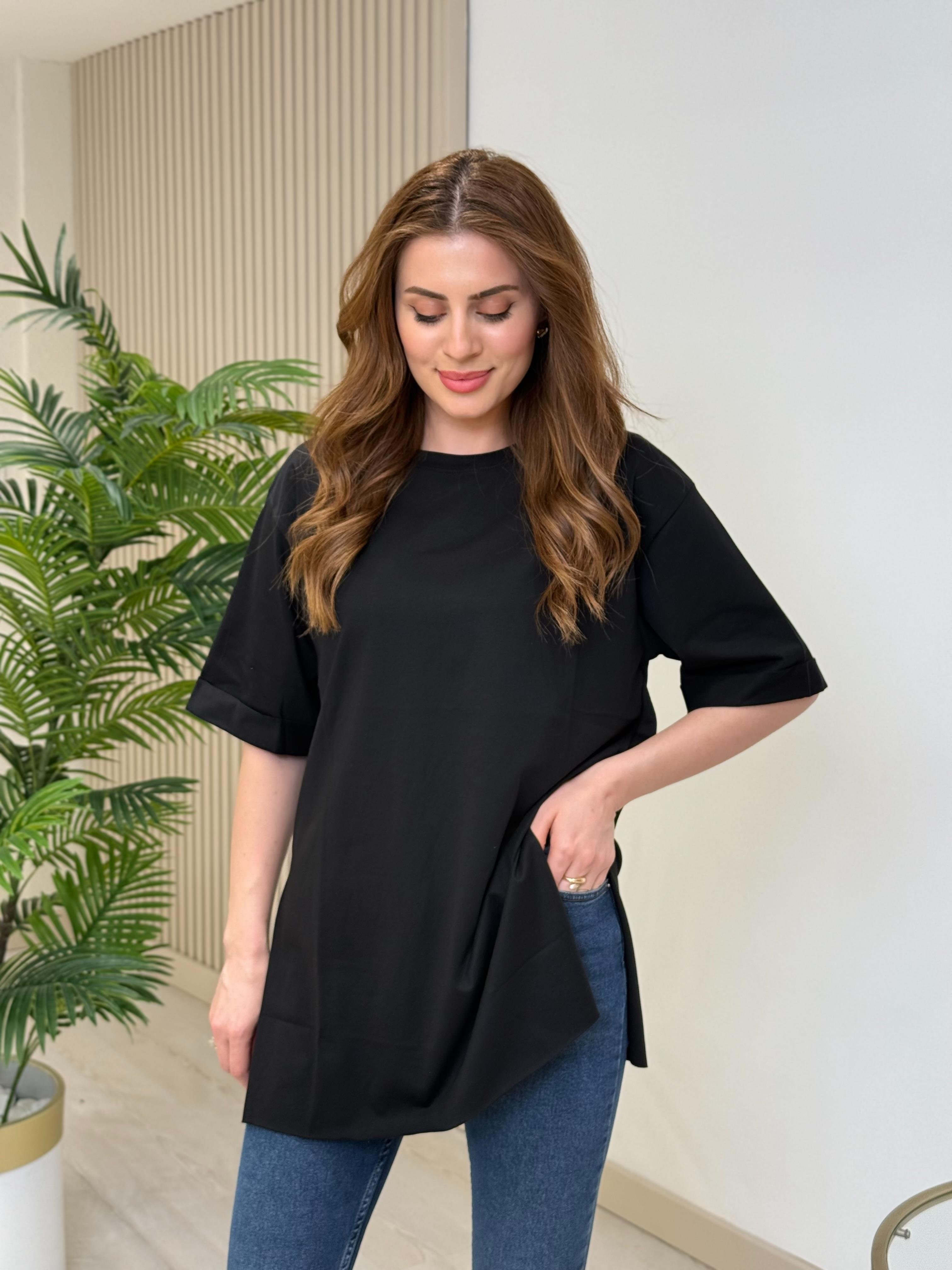 Yanları Yırtmaçlı Oversıze Dubble Kol Tshirt Siyah
