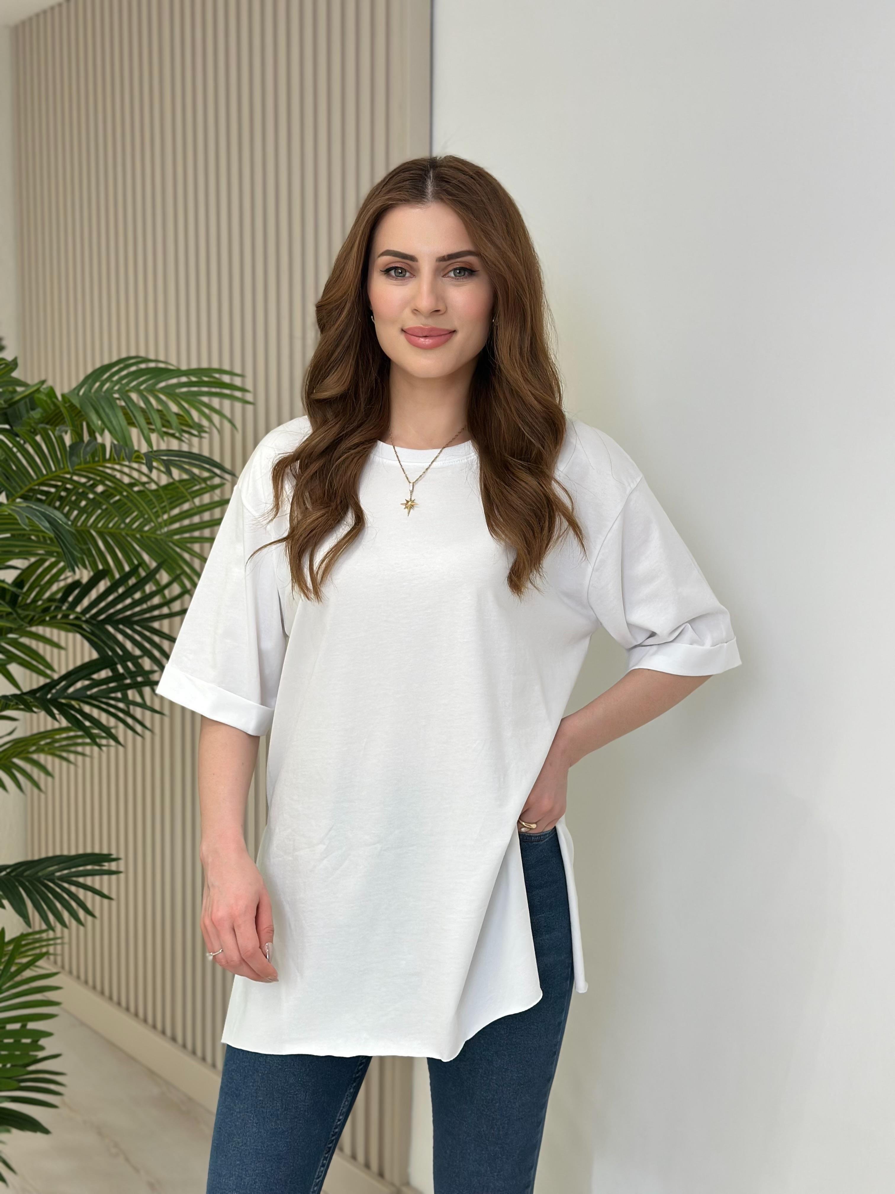 Yanları Yırtmaçlı Oversıze Dubble Kol Tshirt Beyaz