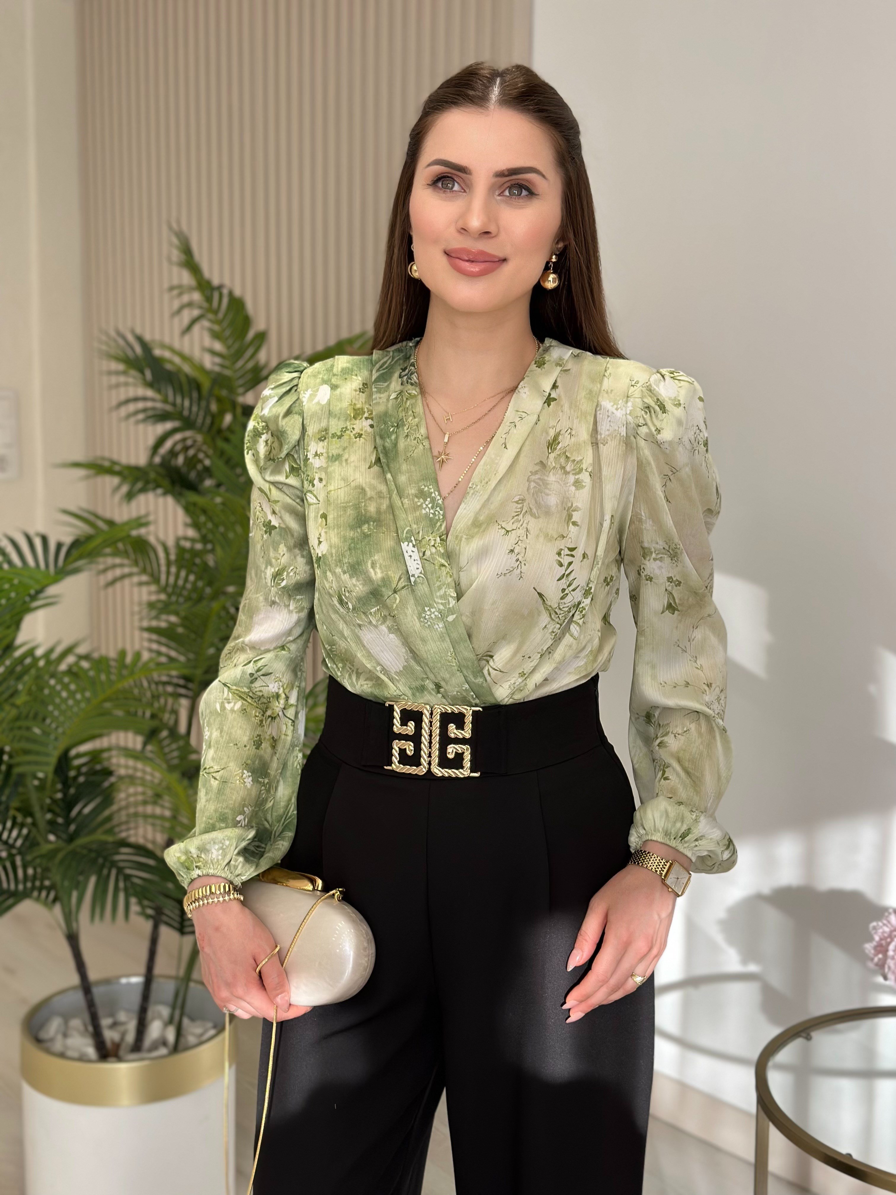 Yeşil Çiçek Desenli İpek Krep Bodysuit