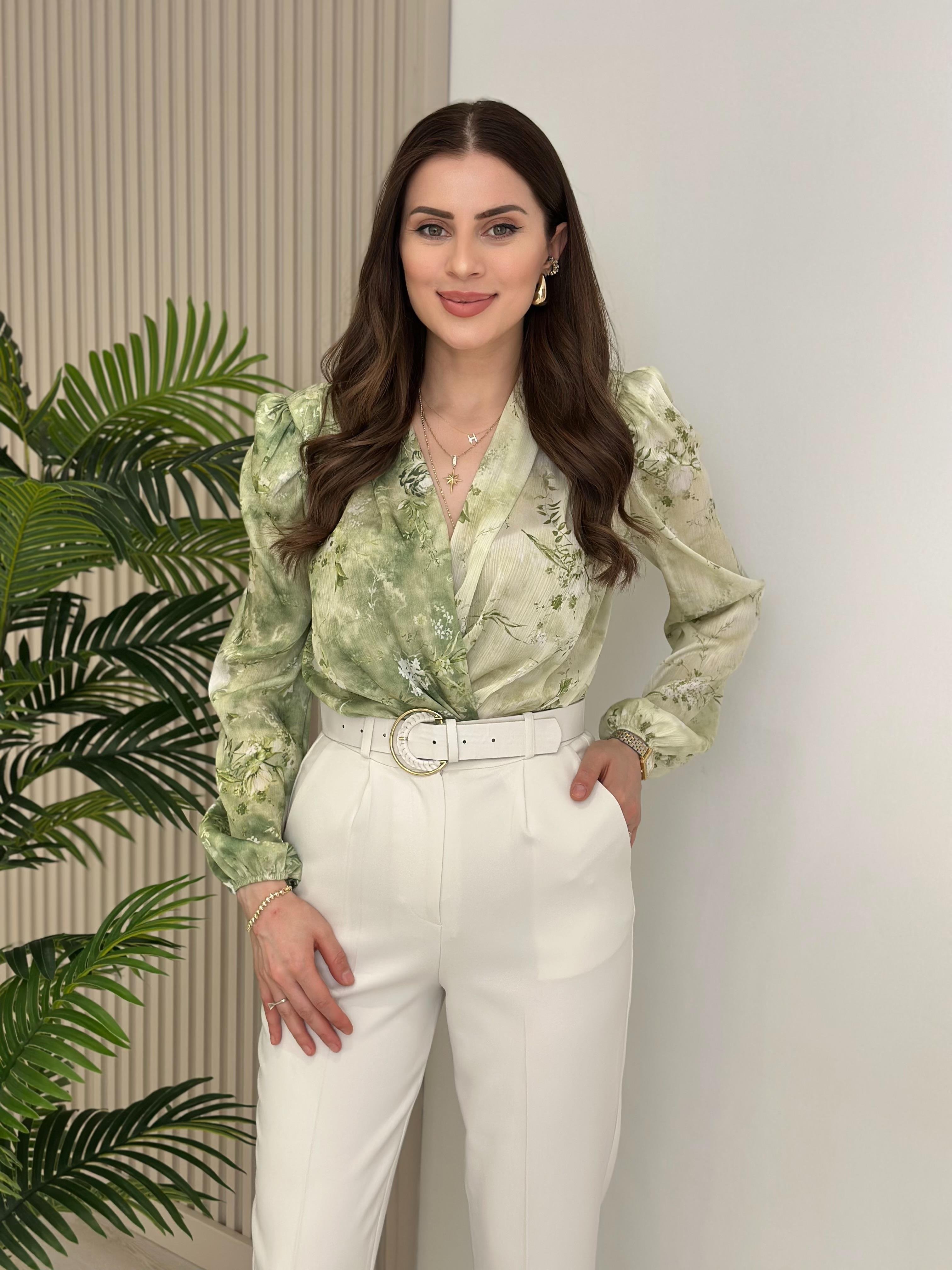 Yeşil Desenli İpek Krep Bodysuit