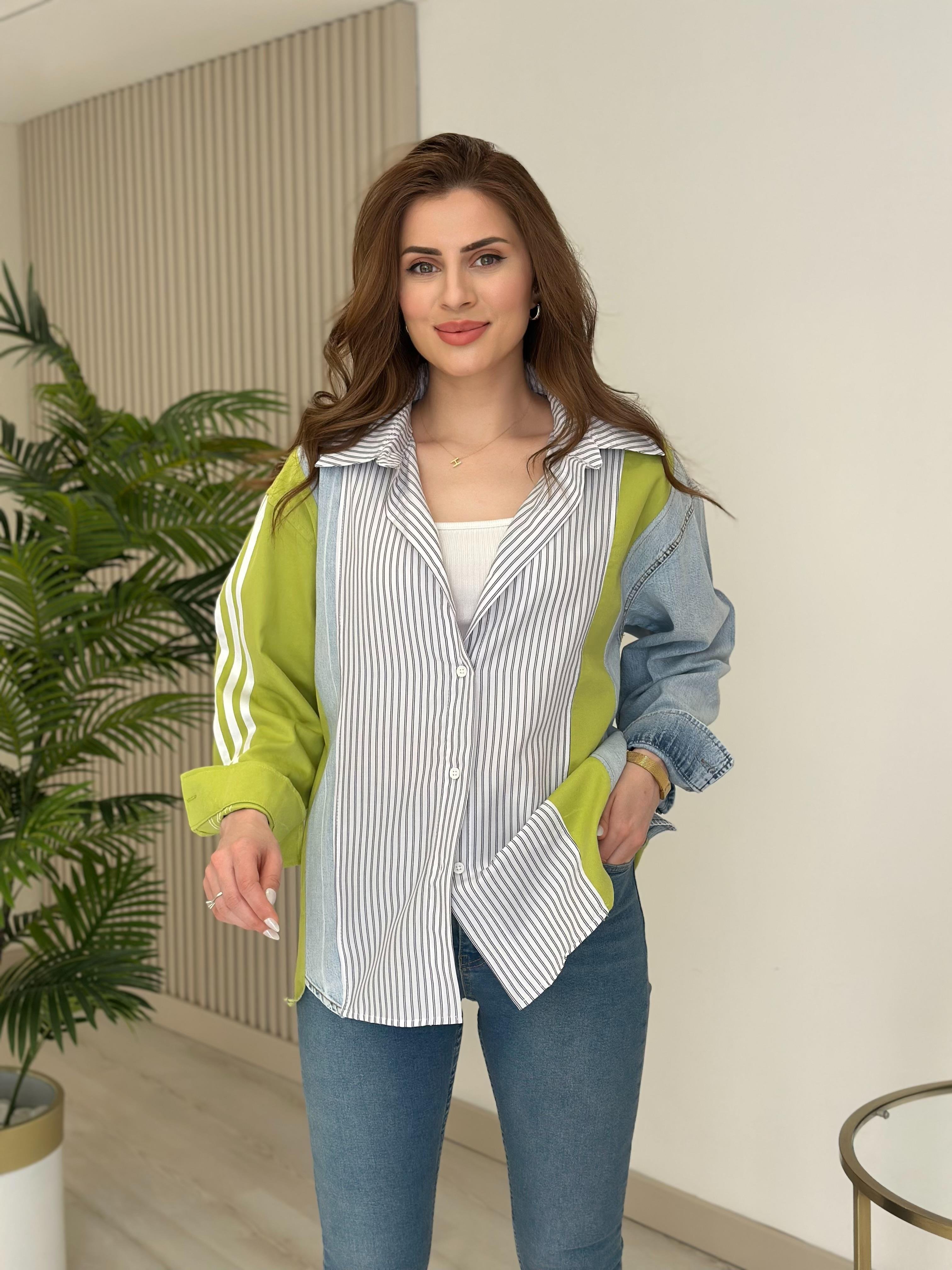 Yeşil Geçişli Jean Detaylı Tasarım Gömlek