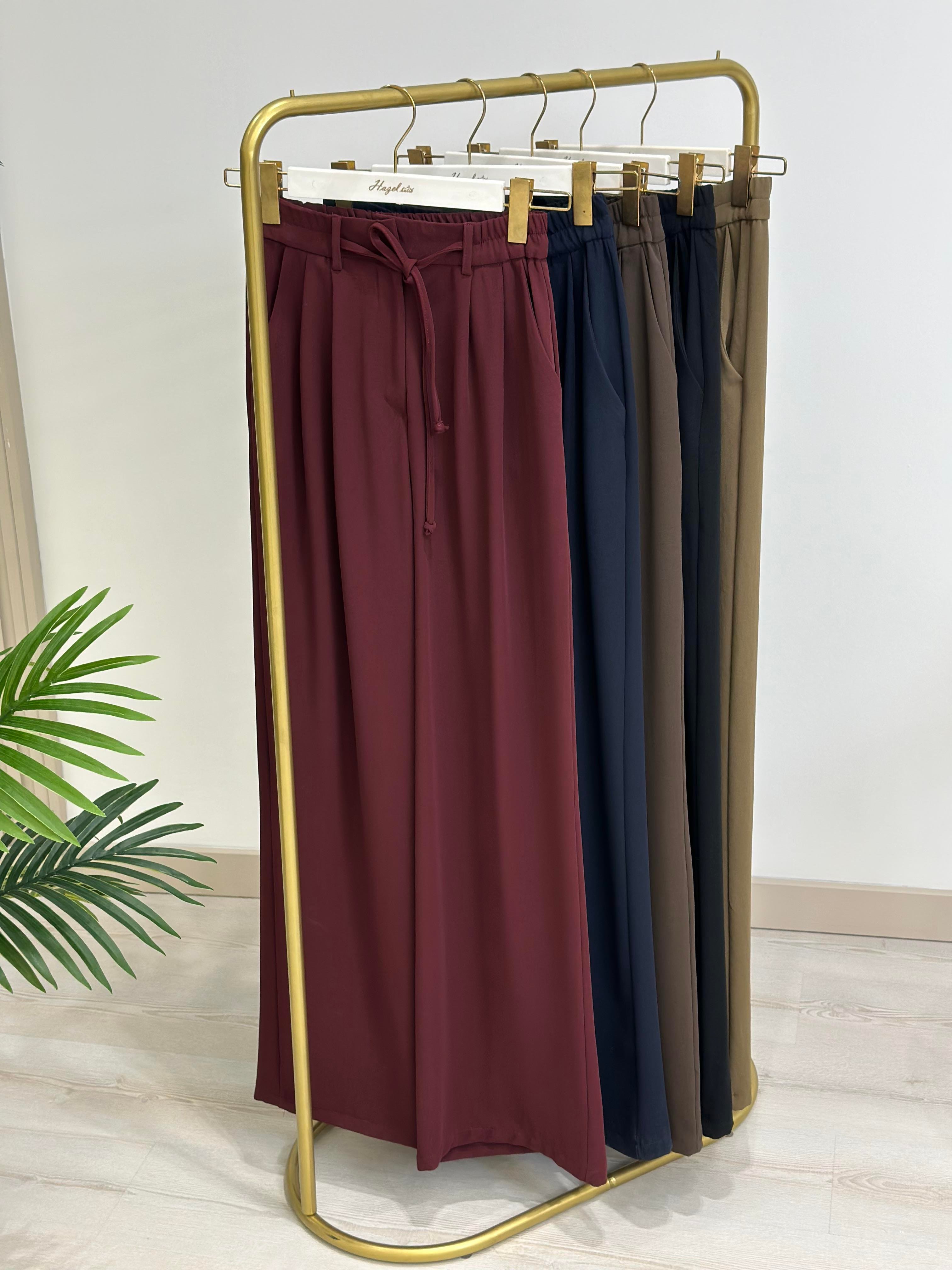 Yüksek Bel Beli Lastikli Palazzo Pantolon Bordo