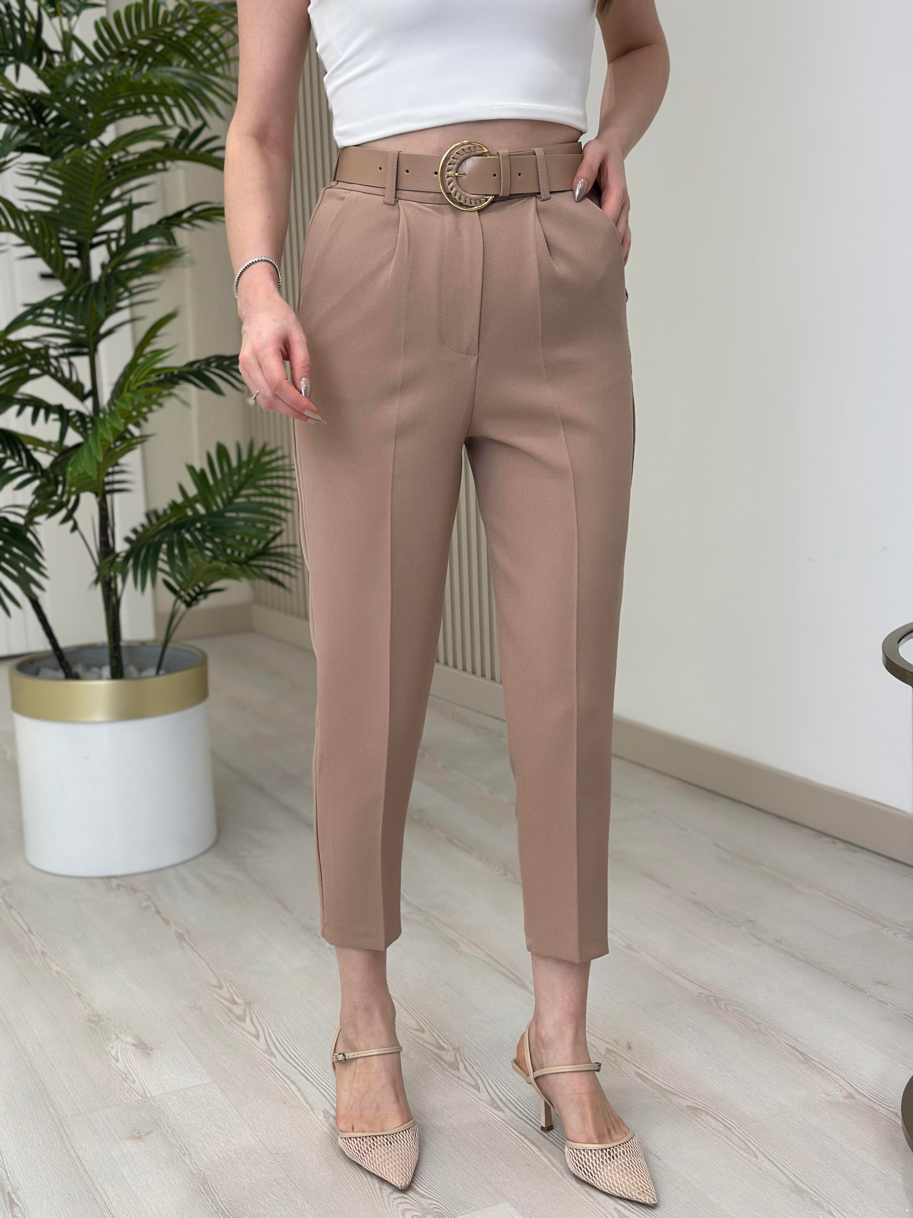 Yüksek Bel Kemerli Atlas Kumaş Pantolon Camel