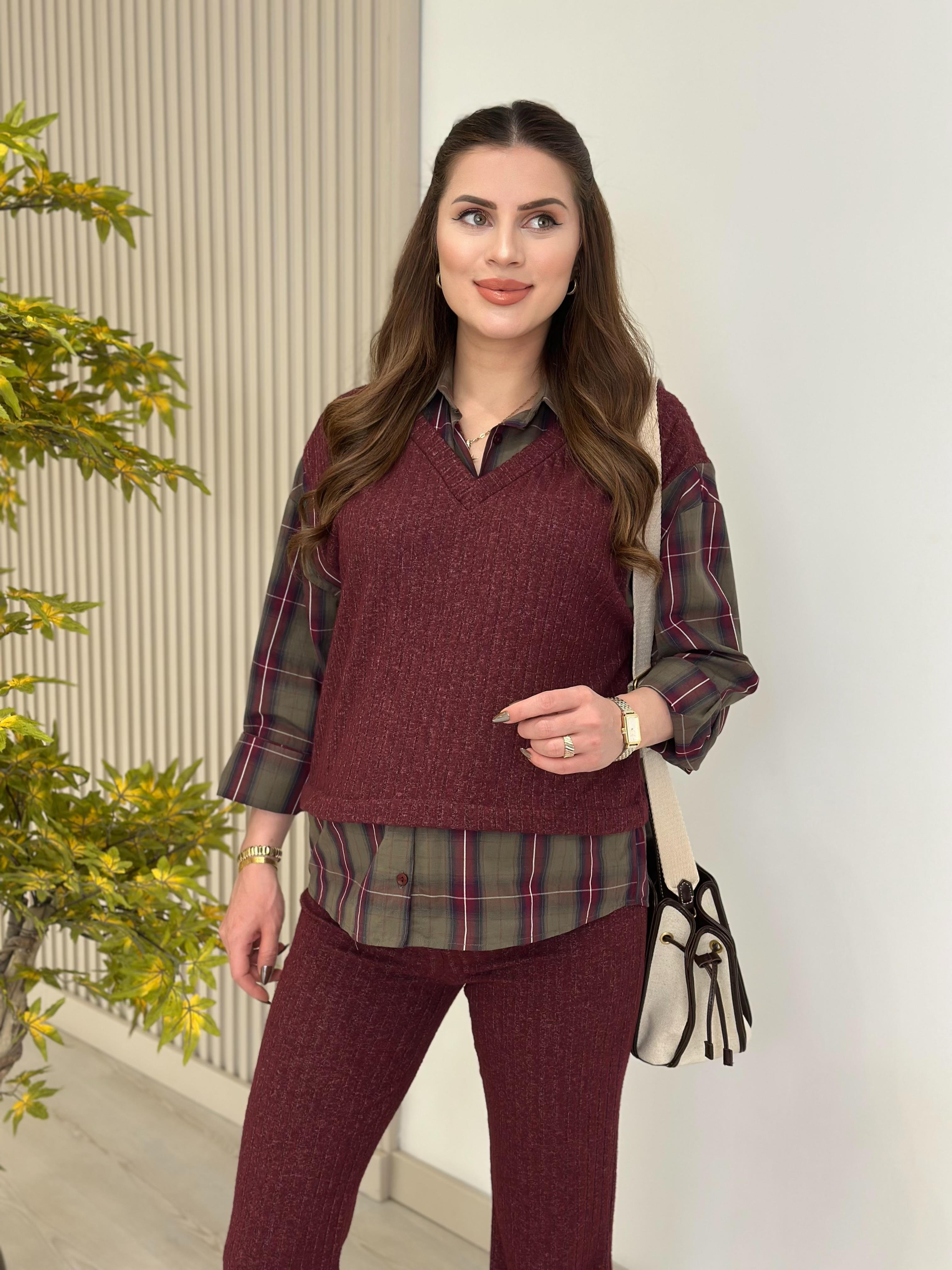 Yumoş Gömlek Detaylı Takım Bordo