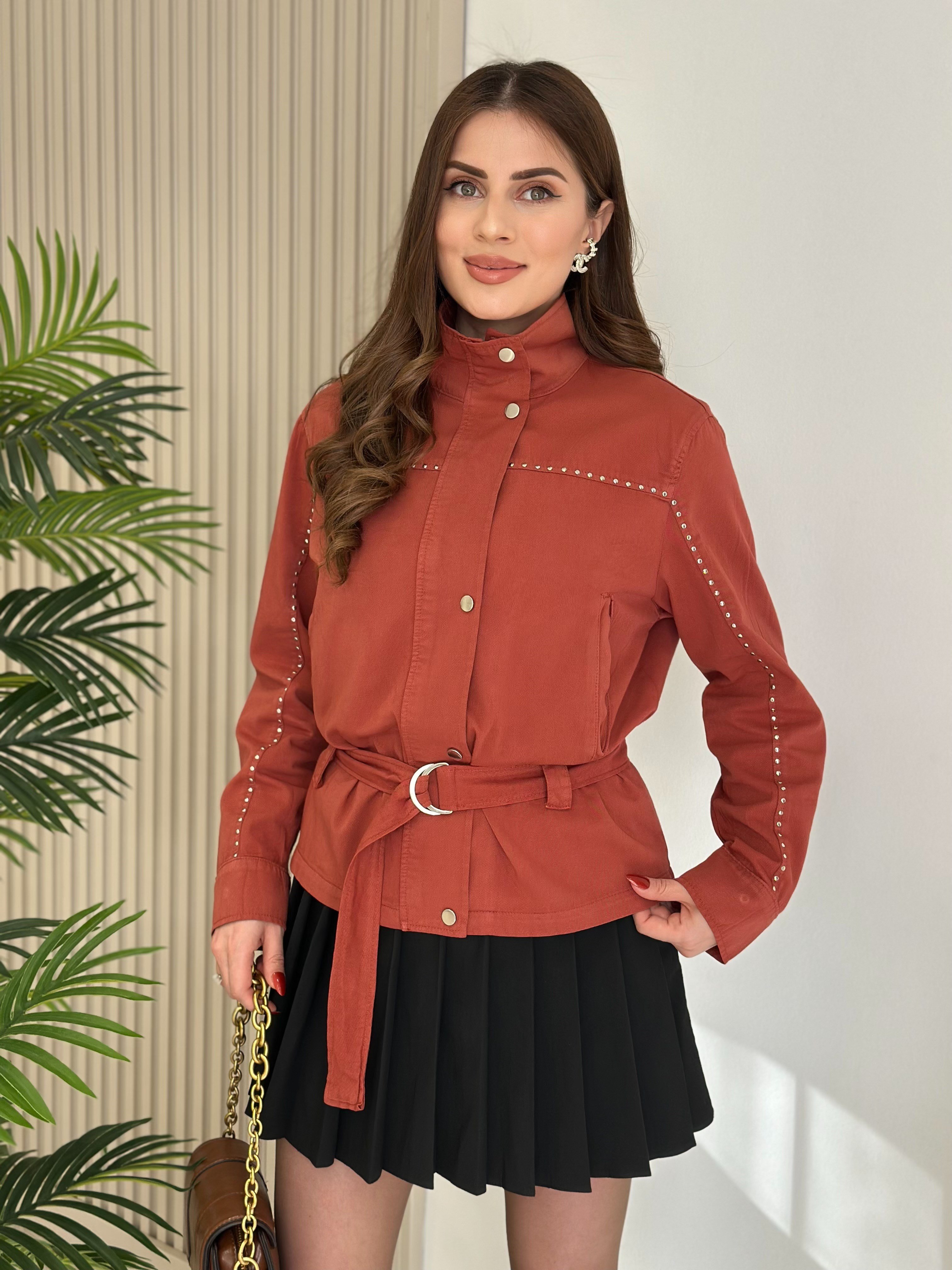 Zımba Detaylı Kuşaklı Gabardin Trençkot Kiremit