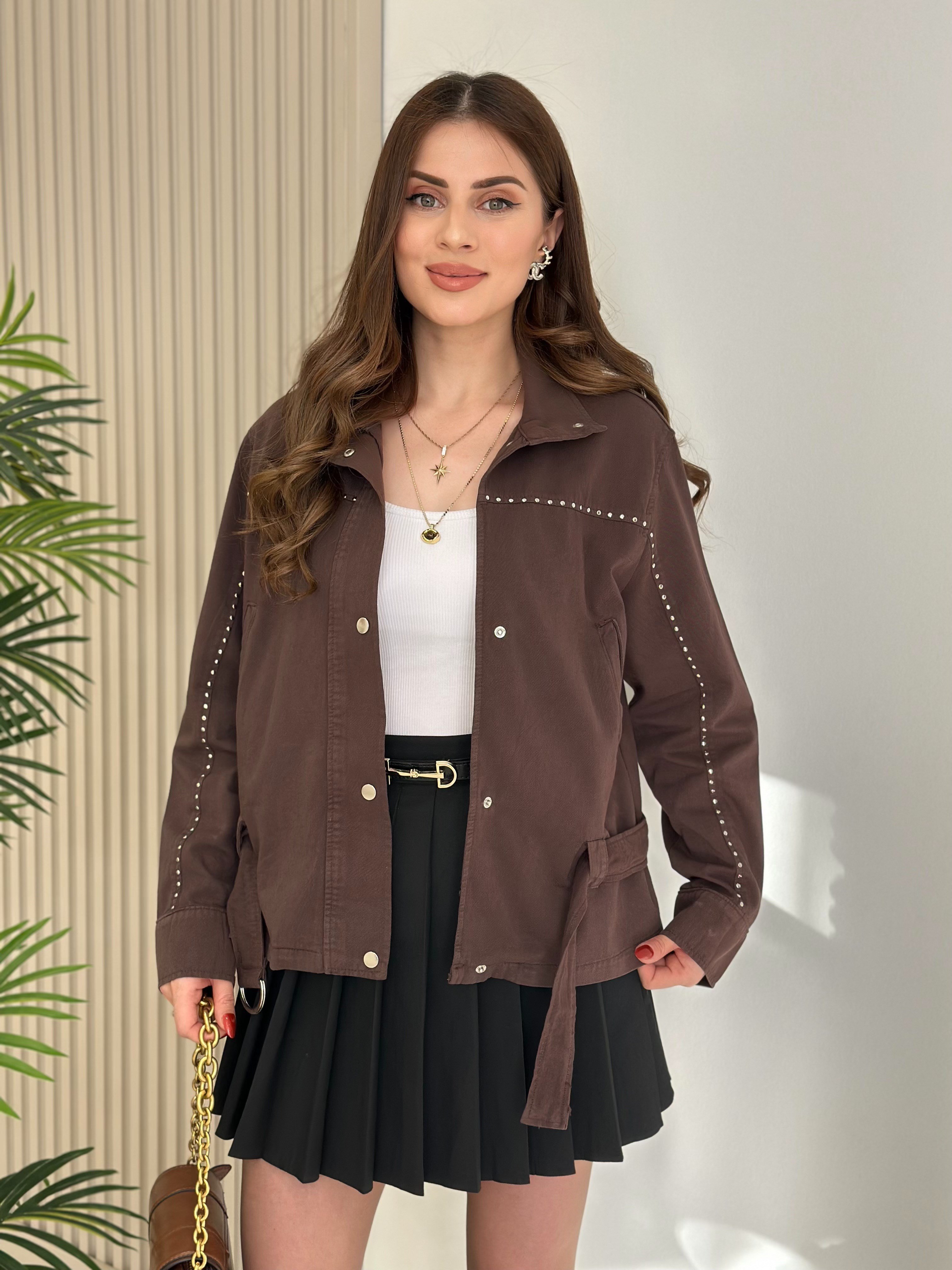 Zımba Detaylı Kuşaklı Gabardin Trençkot Acı Kahve