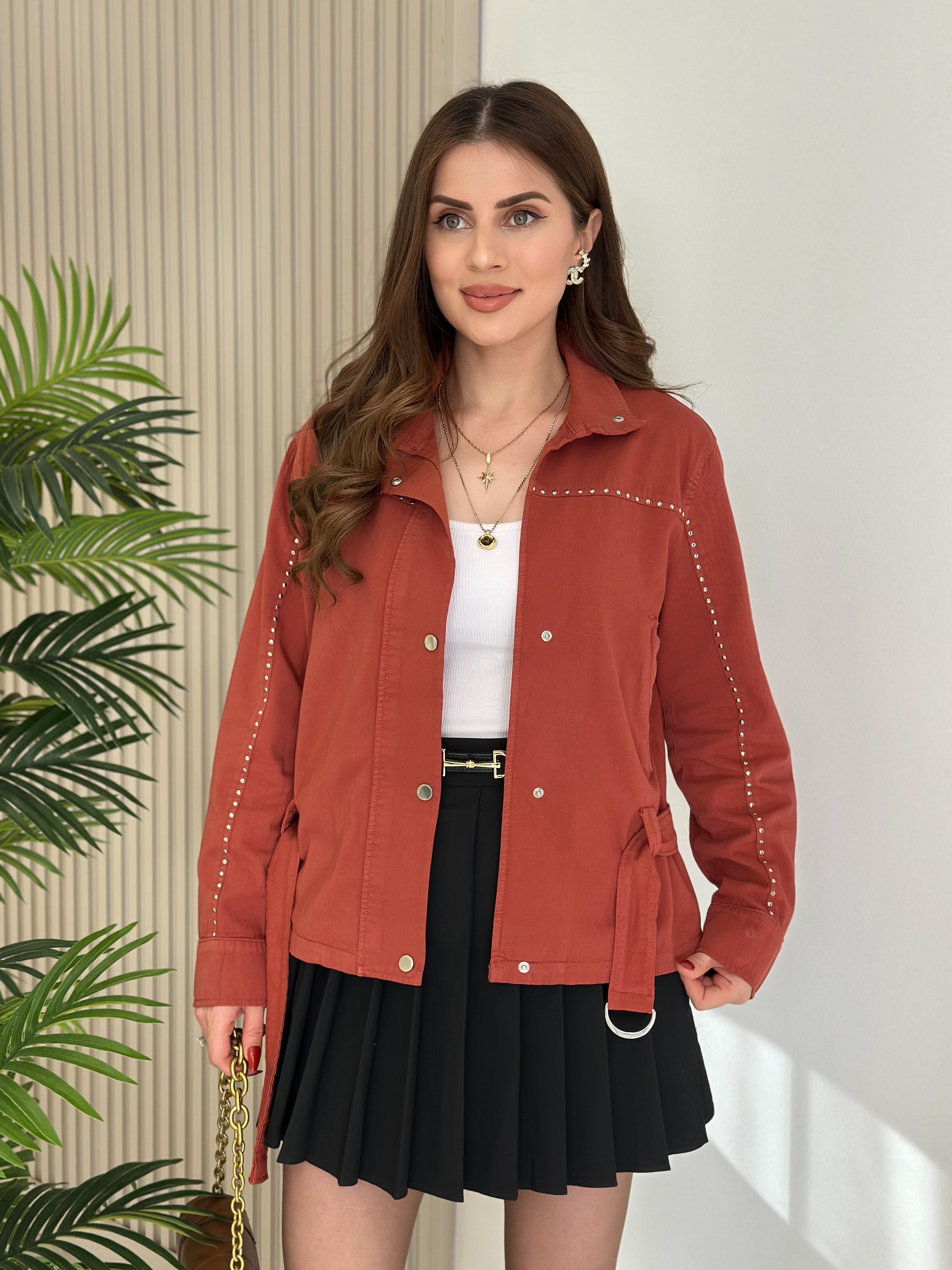 Zımba Detaylı Kuşaklı Gabardin Trençkot Kiremit