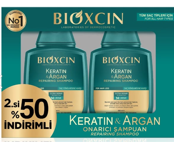 Bioxcin Keratin & Argan Onarıcı Şampuan 300 Ml - Yıpranmış Ve Hasar Görmüş Saçlar 2 Li Avantaj Set
