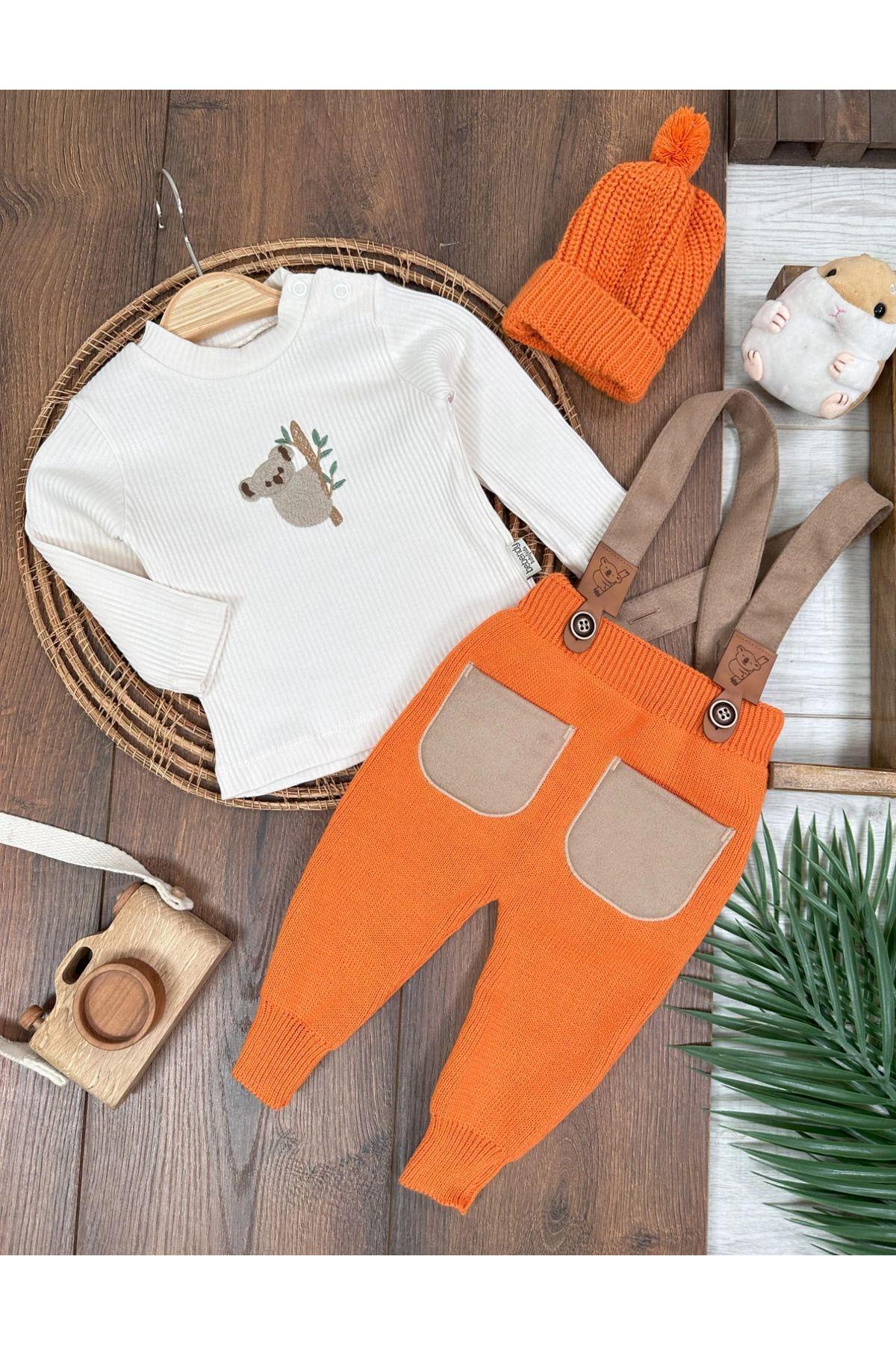 Triko Çapraz Askılı Salopet Koala Figürlü Esnek Kaşkorse Badi Bereli Unisex Bebek Takım