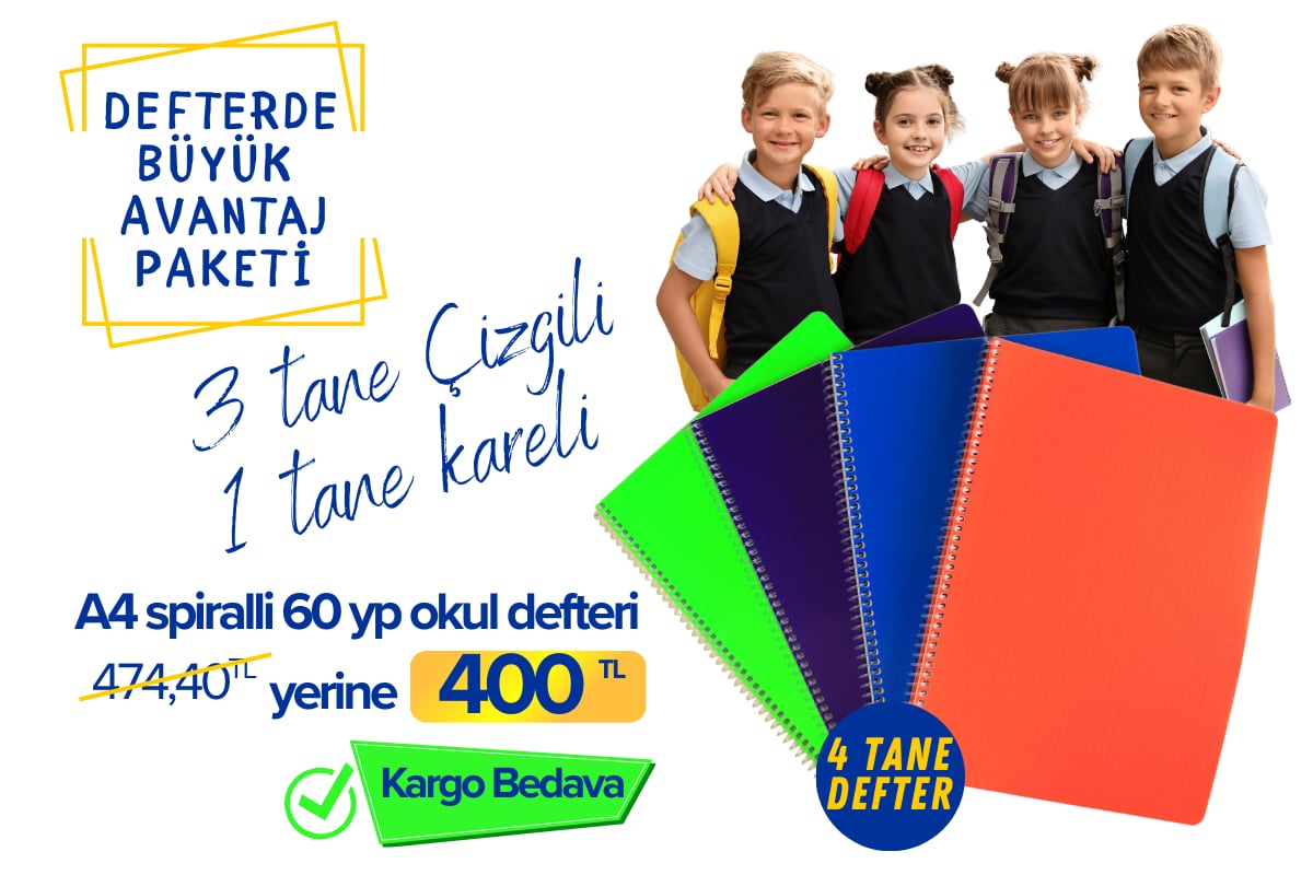 3 Çizgili 1 Kareli Defter A4 Spiralli Okul Seti - Kargo Bedava