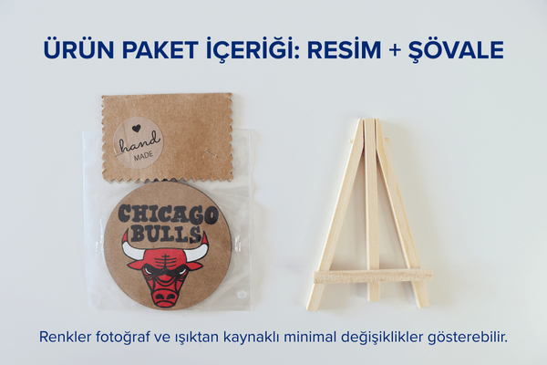 Duralit Üzerine Akrilik Boya Resim - 10 cm Çapında - Resim + Şövale Bir Arada - Basketbol Takımı: Chicago Bulls