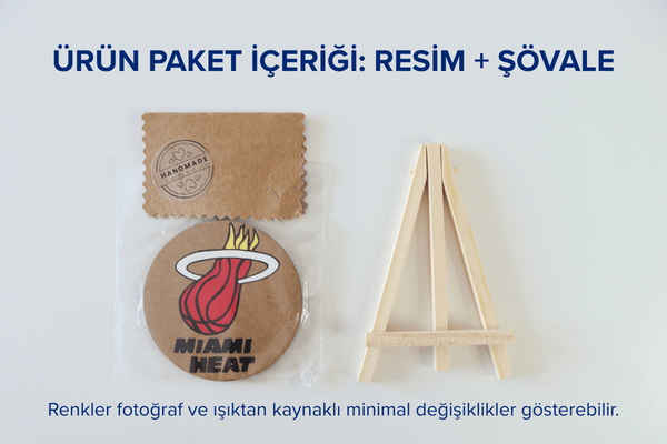 Duralit Üzerine Akrilik Boya Resim - 10 cm Çapında - Resim + Şövale Bir Arada - Basketbol Takımı: Miami Heat